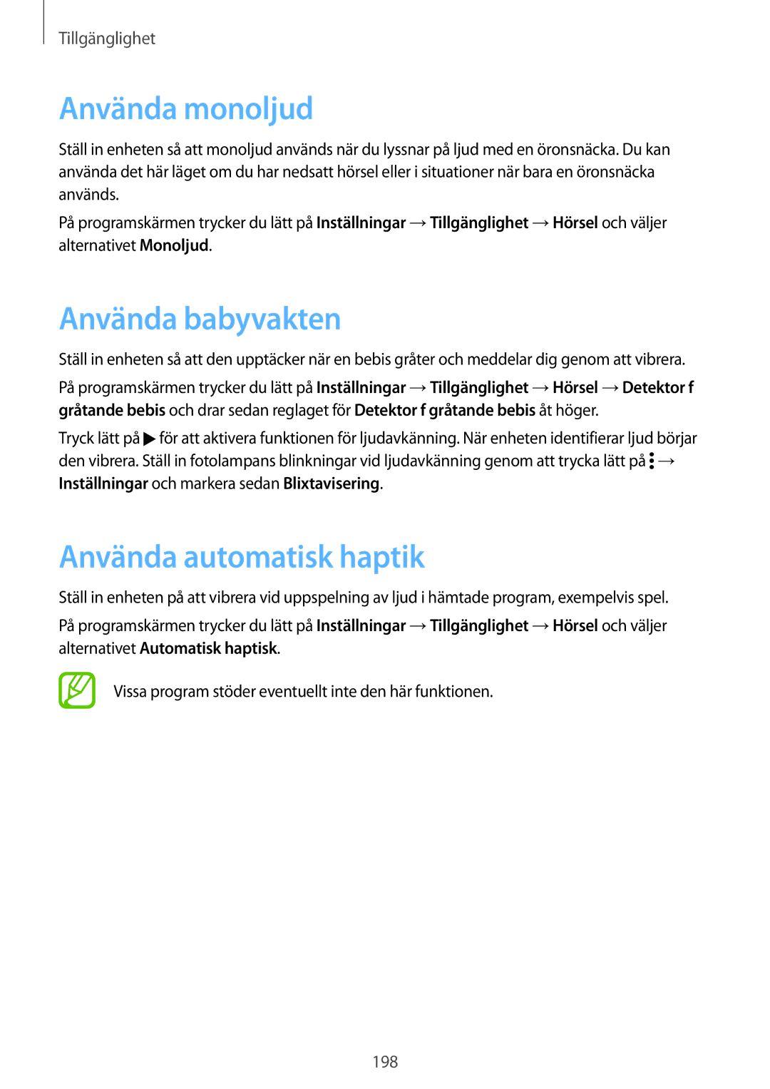 Samsung SM-G900FZBATEN, SM-G900FZKAVDS, SM-G900FZDANEE manual Använda monoljud, Använda babyvakten, Använda automatisk haptik 