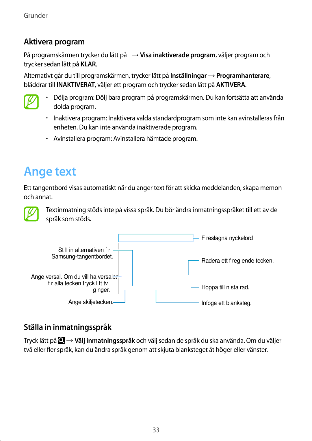 Samsung SM-G900FZKATEN, SM-G900FZKAVDS, SM-G900FZDANEE manual Ange text, Aktivera program, Ställa in inmatningsspråk 