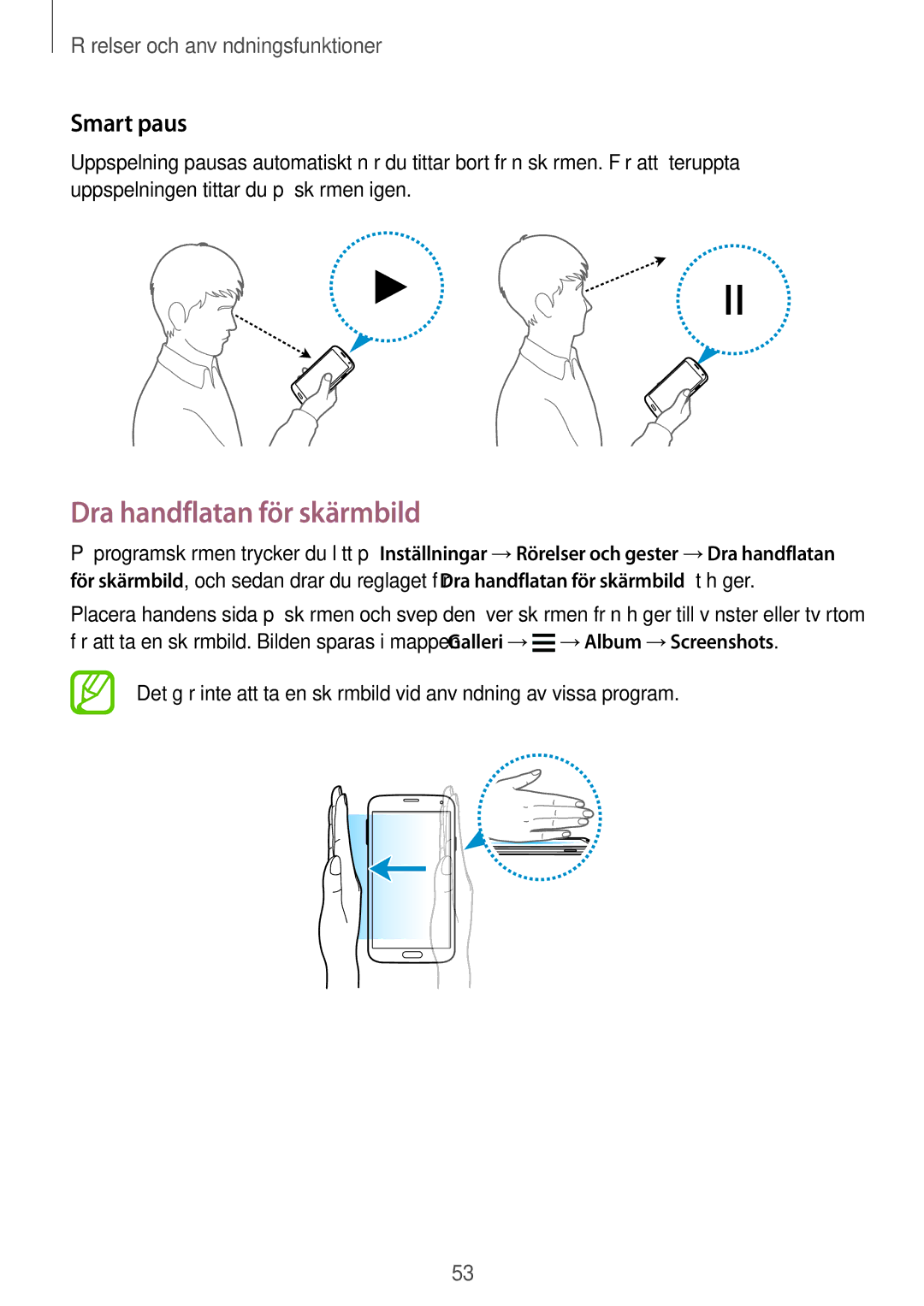 Samsung SM-G900FZWANEE, SM-G900FZKAVDS, SM-G900FZDANEE, SM-G900FZDAHTS manual Dra handflatan för skärmbild, Smart paus 