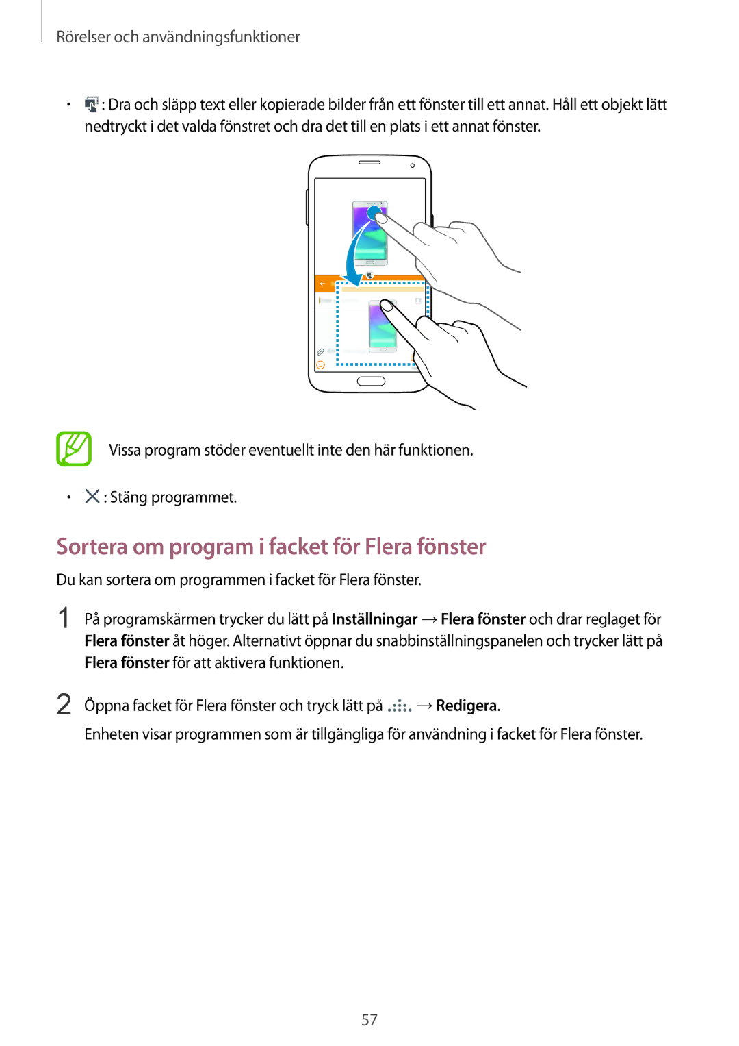 Samsung SM-G900FZNENEE, SM-G900FZKAVDS, SM-G900FZDANEE, SM-G900FZWANEE manual Sortera om program i facket för Flera fönster 