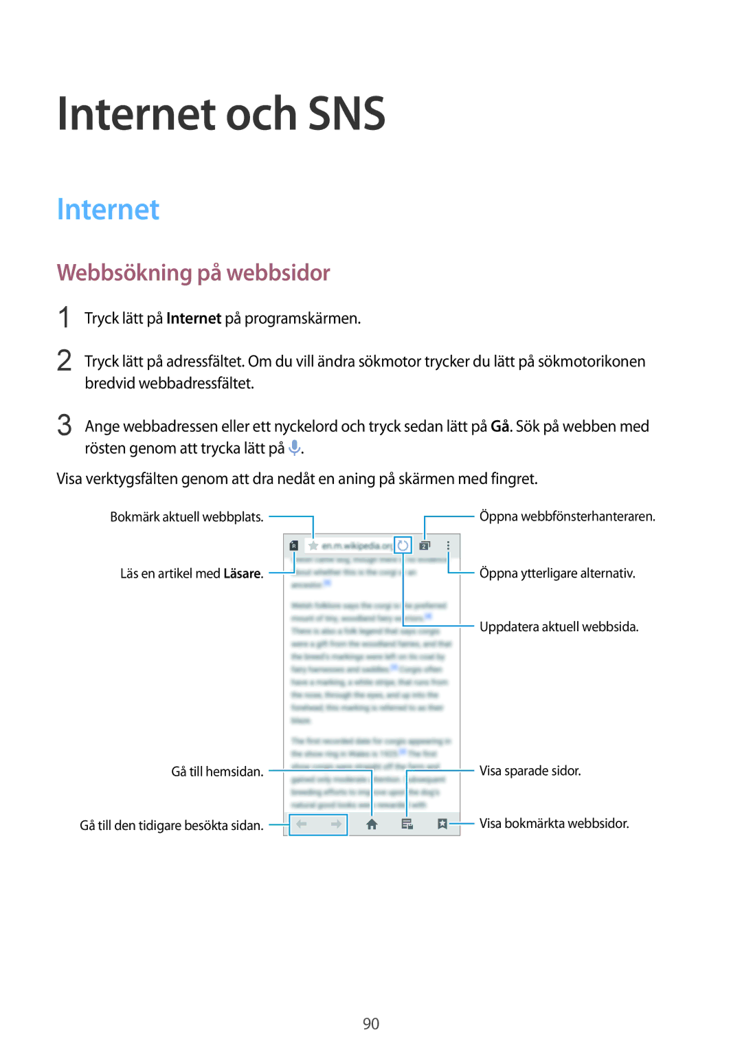 Samsung SM-G900FZNANEE, SM-G900FZKAVDS, SM-G900FZDANEE, SM-G900FZWANEE manual Internet och SNS, Webbsökning på webbsidor 