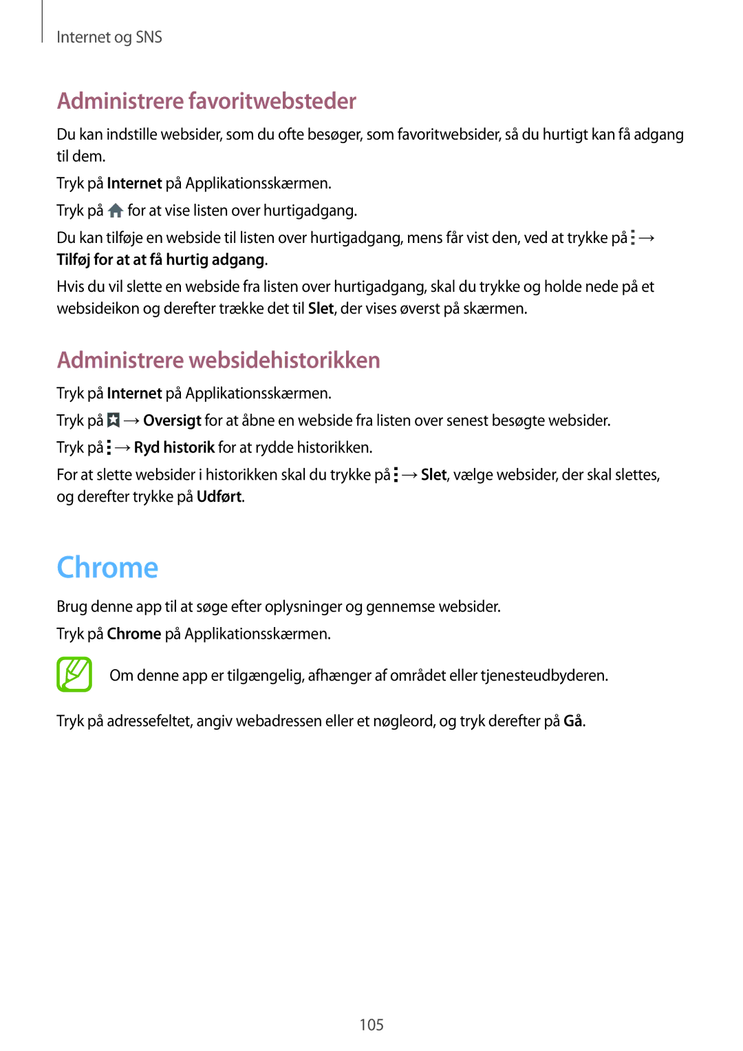 Samsung SM-G900FZDAHTS, SM-G900FZKAVDS manual Chrome, Administrere favoritwebsteder, Administrere websidehistorikken 