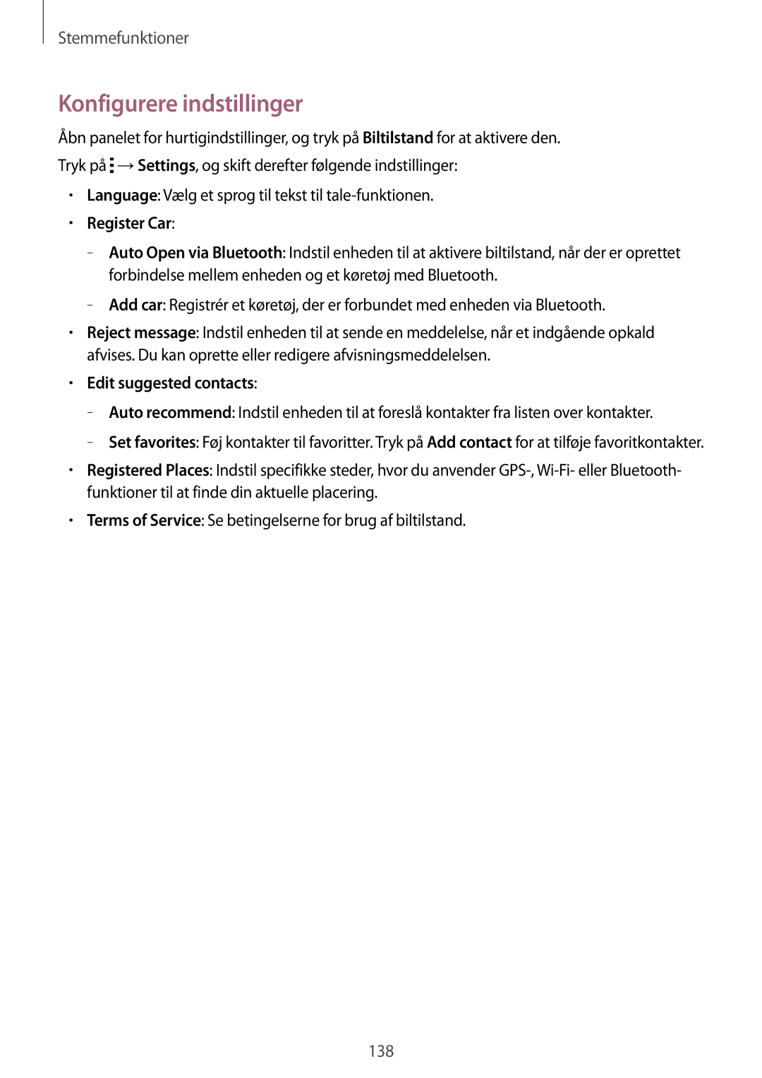 Samsung SM-G900FZWANEE manual Language Vælg et sprog til tekst til tale-funktionen, Register Car, Edit suggested contacts 