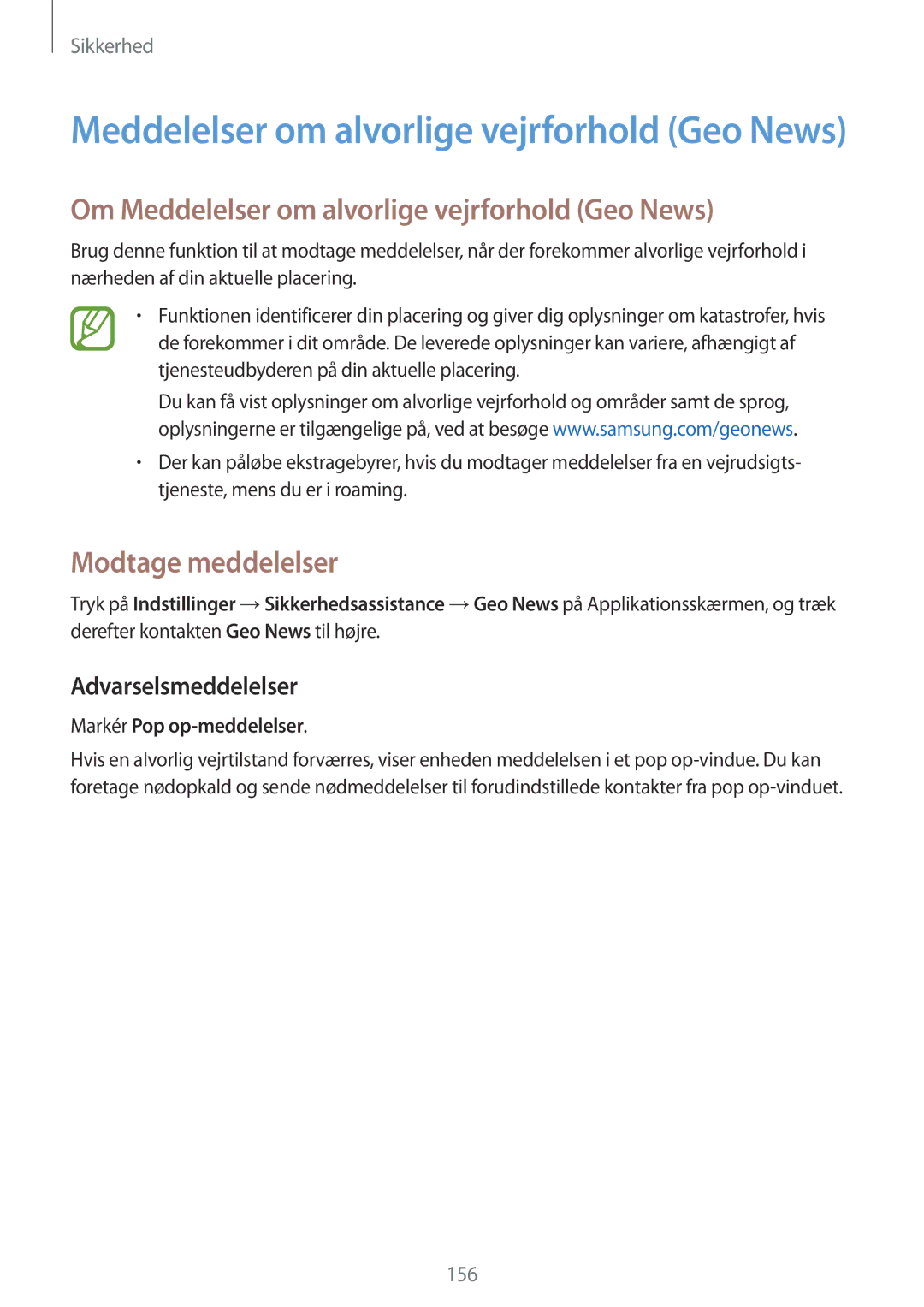 Samsung SM-G900FZDAHTS, SM-G900FZKAVDS manual Om Meddelelser om alvorlige vejrforhold Geo News, Modtage meddelelser 