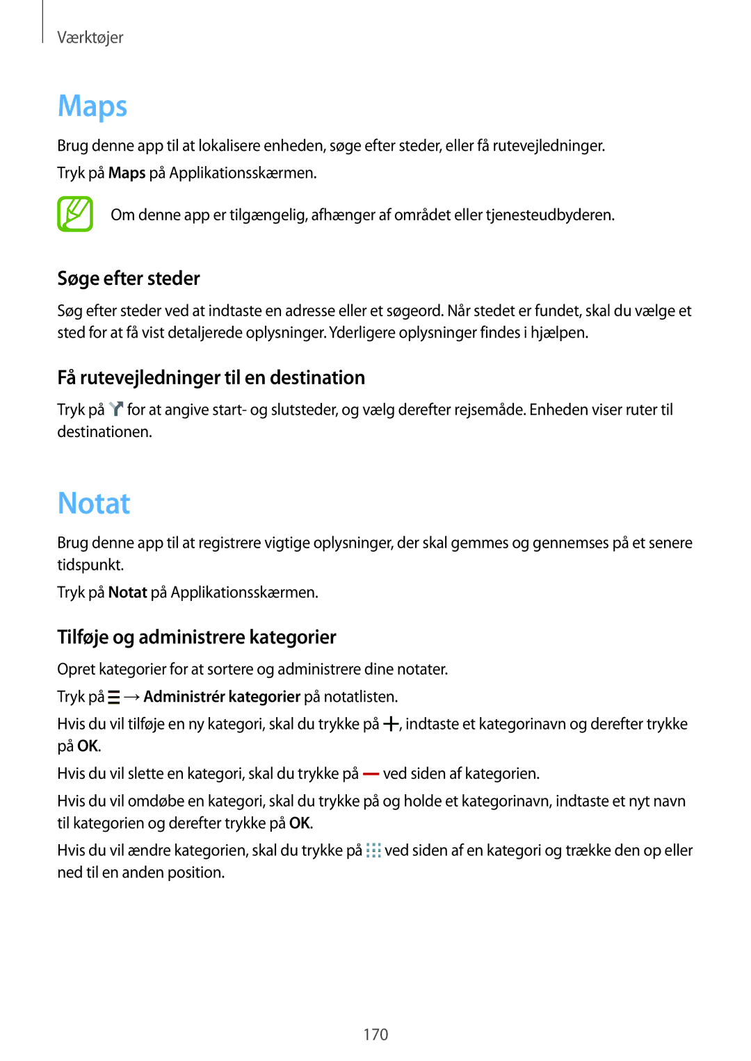 Samsung SM-G900FZKAVDS, SM-G900FZDANEE manual Maps, Notat, Søge efter steder, Få rutevejledninger til en destination 