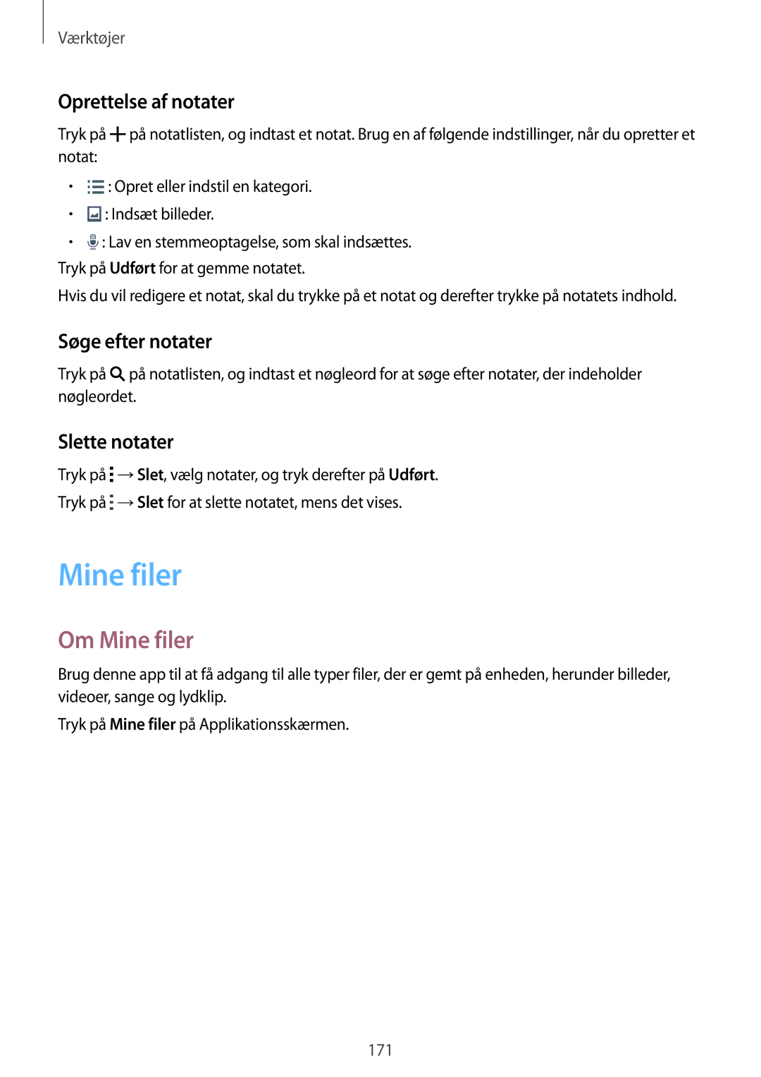 Samsung SM-G900FZDANEE, SM-G900FZKAVDS manual Om Mine filer, Oprettelse af notater, Søge efter notater, Slette notater 