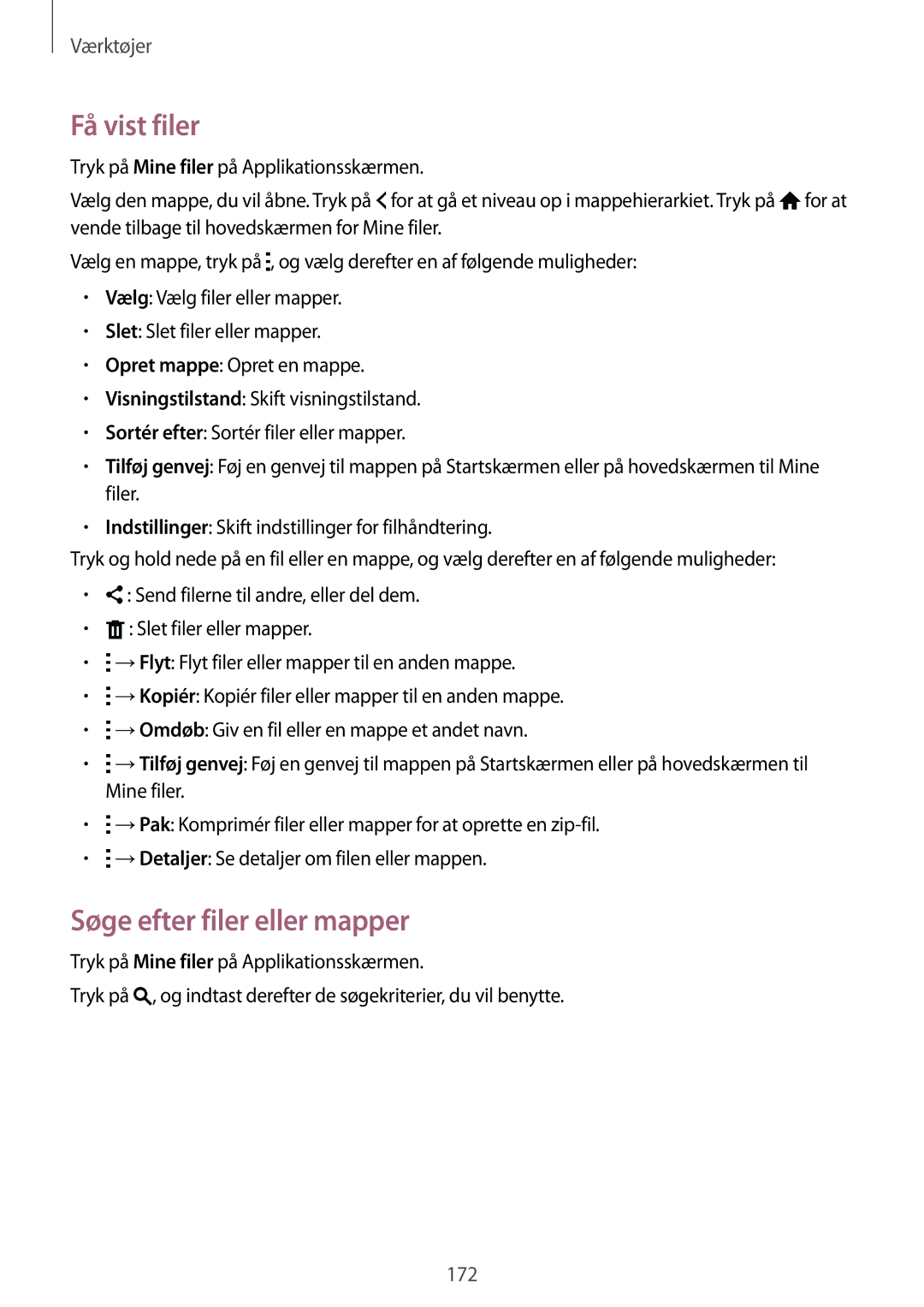 Samsung SM-G900FZWANEE, SM-G900FZKAVDS, SM-G900FZDANEE, SM-G900FZDAHTS manual Få vist filer, Søge efter filer eller mapper 