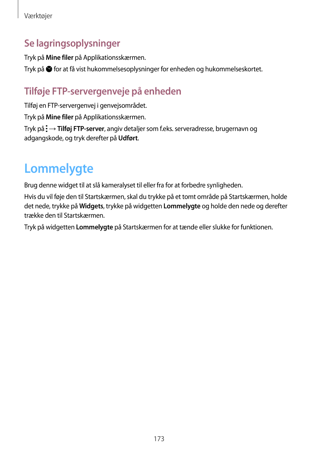 Samsung SM-G900FZDAHTS, SM-G900FZKAVDS manual Lommelygte, Se lagringsoplysninger, Tilføje FTP-servergenveje på enheden 