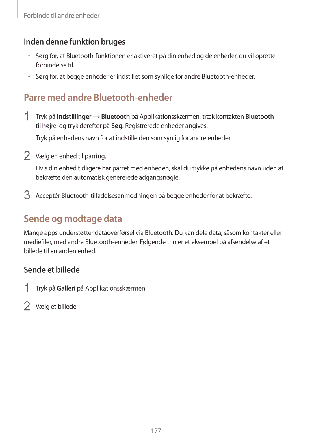 Samsung SM-G900FZWATEN, SM-G900FZKAVDS manual Parre med andre Bluetooth-enheder, Sende og modtage data, Sende et billede 
