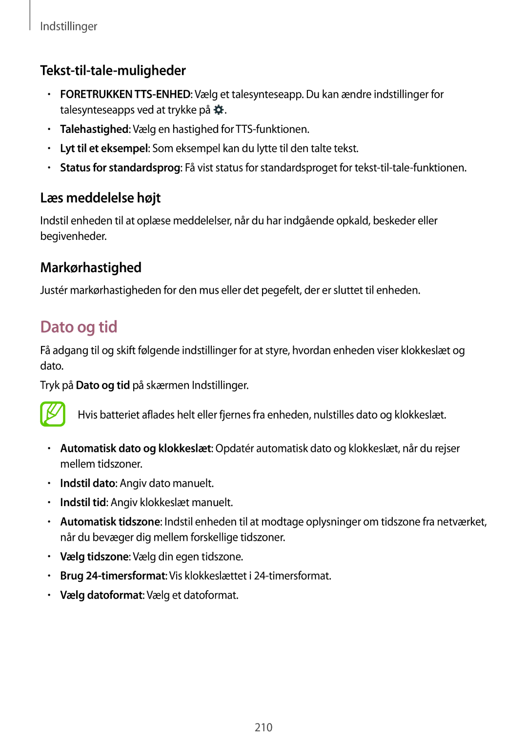 Samsung SM-G900FZNENEE, SM-G900FZKAVDS manual Dato og tid, Tekst-til-tale-muligheder, Læs meddelelse højt, Markørhastighed 