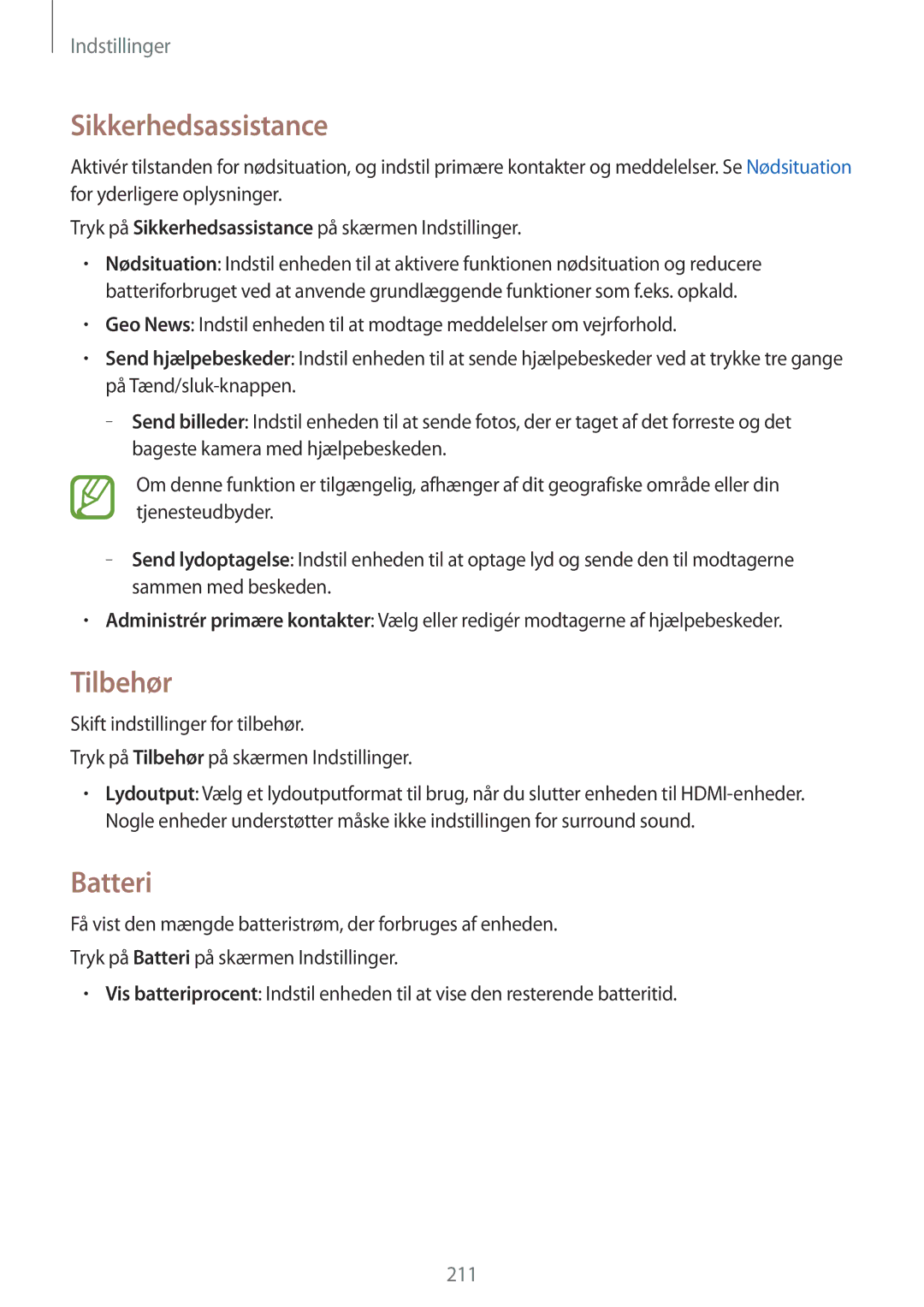 Samsung SM-G900FZWATEN, SM-G900FZKAVDS, SM-G900FZDANEE, SM-G900FZWANEE manual Sikkerhedsassistance, Tilbehør, Batteri 