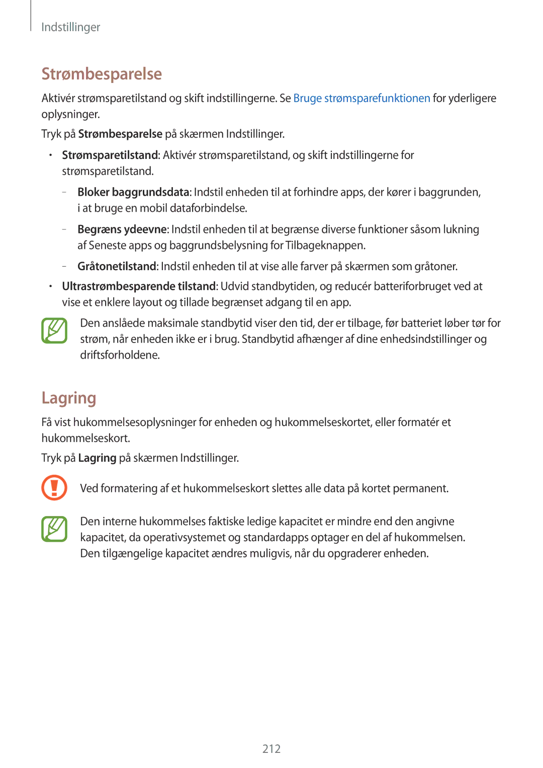 Samsung SM-G900FZWAVDS, SM-G900FZKAVDS, SM-G900FZDANEE manual Strømbesparelse, Lagring, At bruge en mobil dataforbindelse 