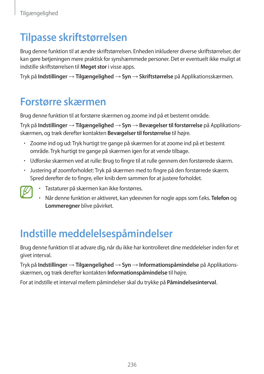 Samsung SM-G900FZDATEN, SM-G900FZKAVDS manual Tilpasse skriftstørrelsen, Forstørre skærmen, Indstille meddelelsespåmindelser 