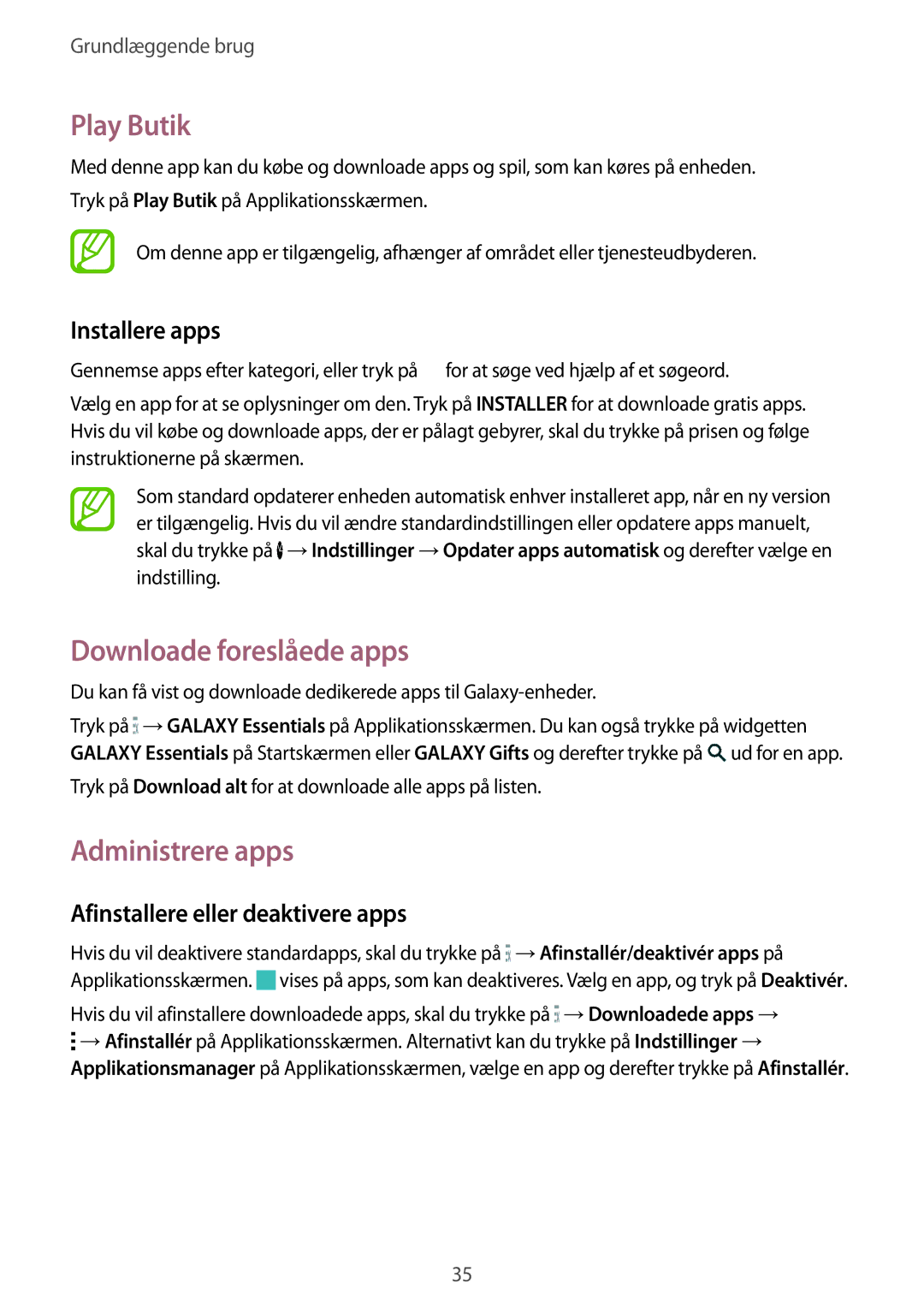 Samsung SM-G900FZDANEE manual Play Butik, Downloade foreslåede apps, Administrere apps, Afinstallere eller deaktivere apps 