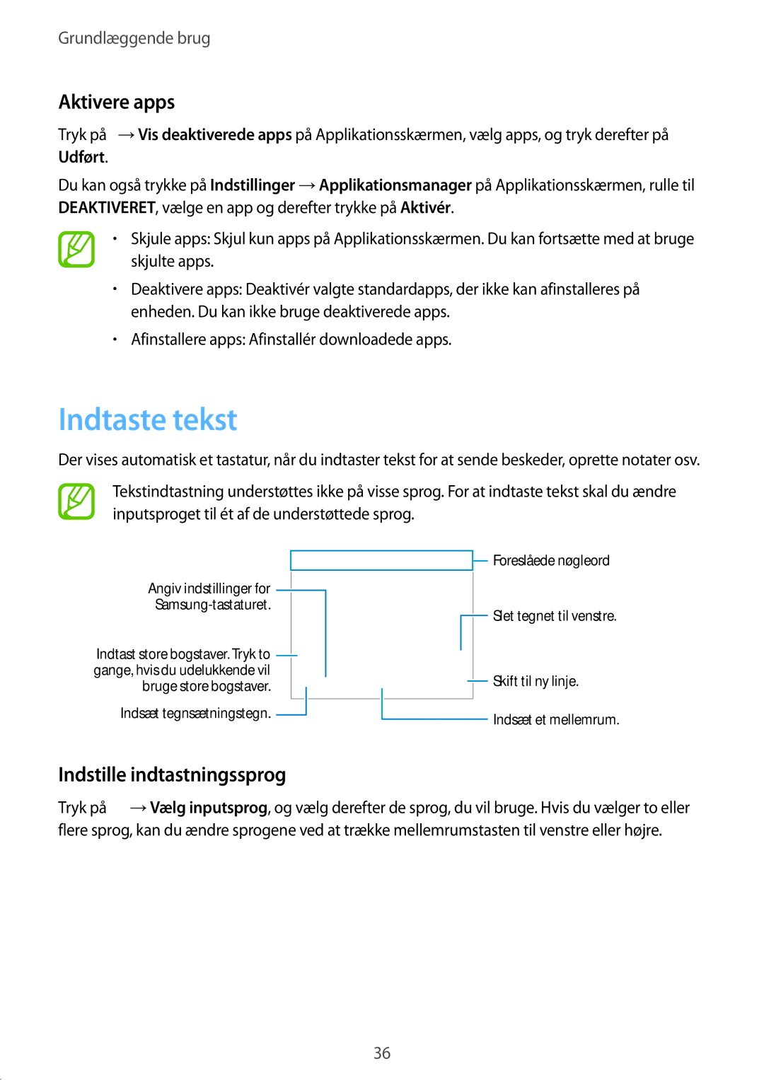 Samsung SM-G900FZWANEE, SM-G900FZKAVDS, SM-G900FZDANEE manual Indtaste tekst, Aktivere apps, Indstille indtastningssprog 