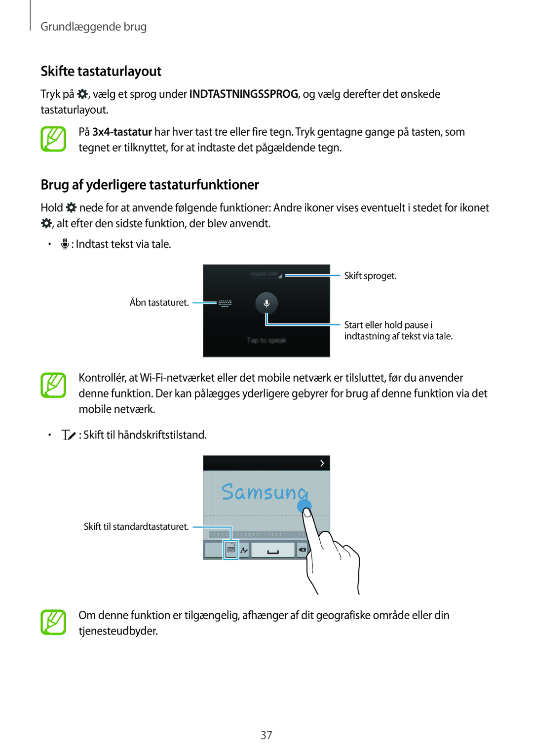 Samsung SM-G900FZDAHTS, SM-G900FZKAVDS, SM-G900FZDANEE manual Skifte tastaturlayout, Brug af yderligere tastaturfunktioner 