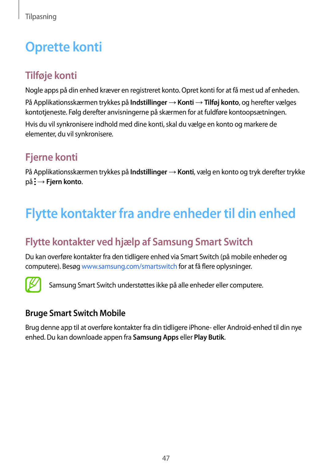 Samsung SM-G900FZBANEE Oprette konti, Tilføje konti, Fjerne konti, Flytte kontakter ved hjælp af Samsung Smart Switch 