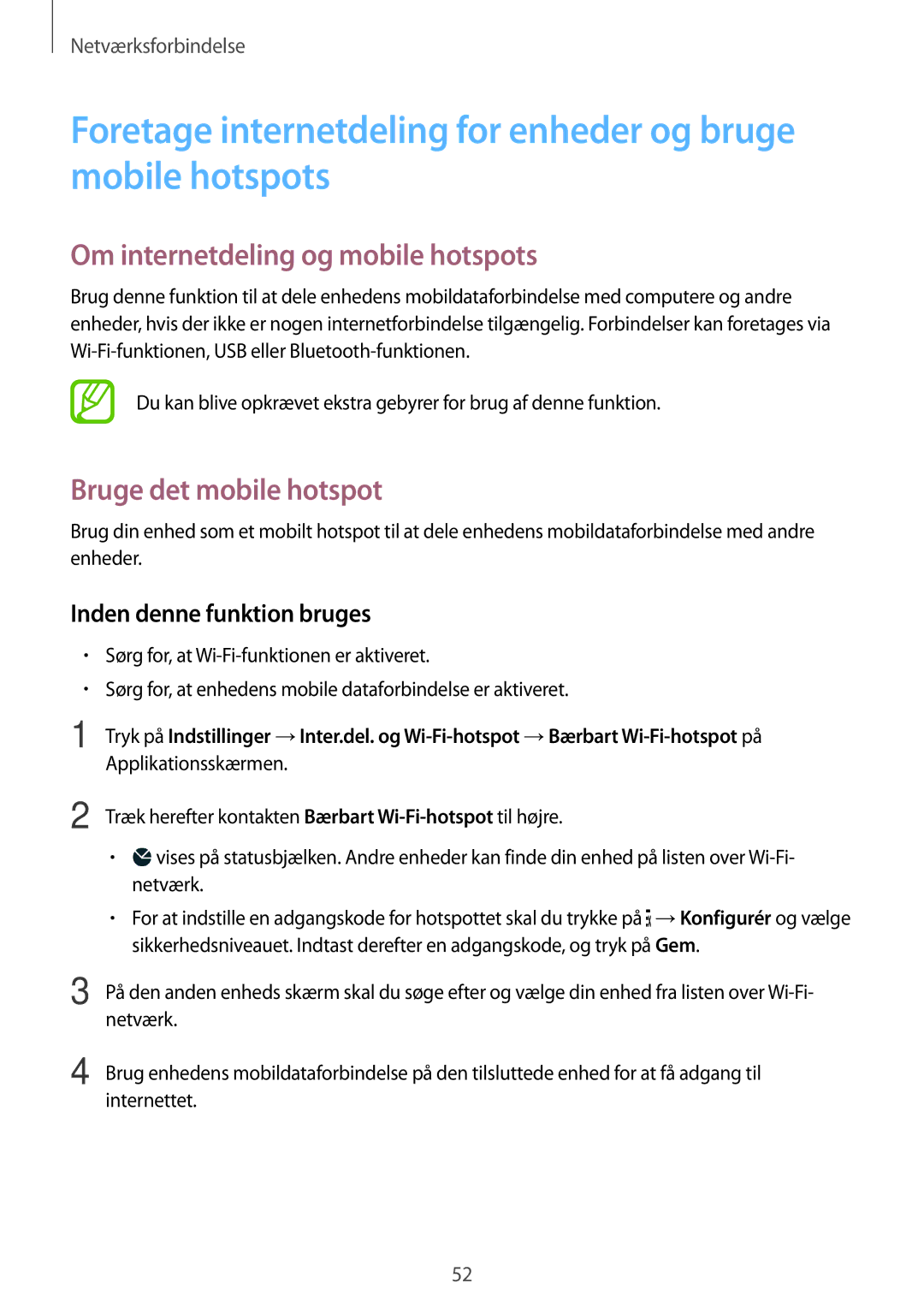 Samsung SM-G900FZDANEE manual Om internetdeling og mobile hotspots, Bruge det mobile hotspot, Inden denne funktion bruges 