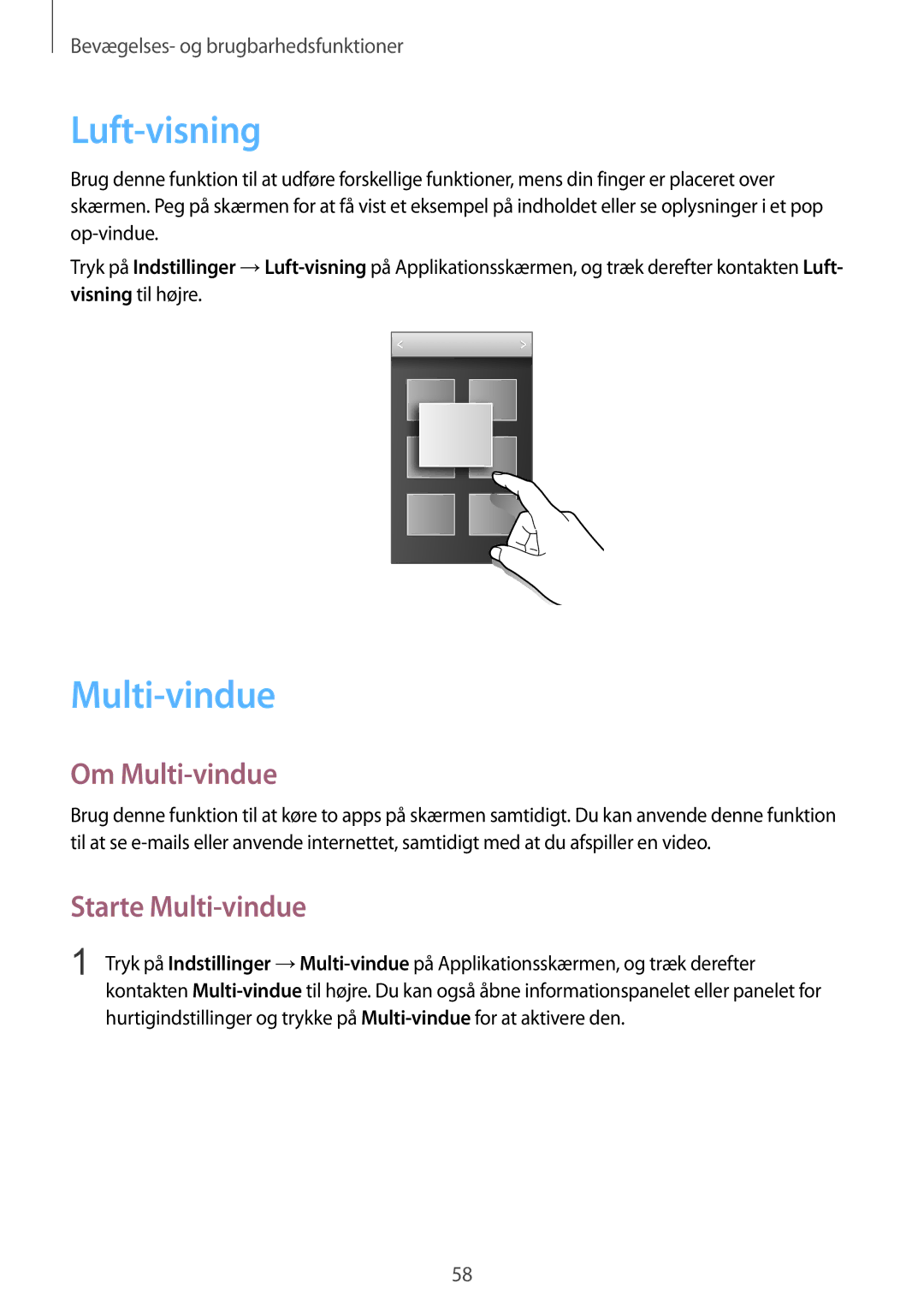 Samsung SM-G900FZWATEN, SM-G900FZKAVDS, SM-G900FZDANEE manual Luft-visning, Om Multi-vindue, Starte Multi-vindue 