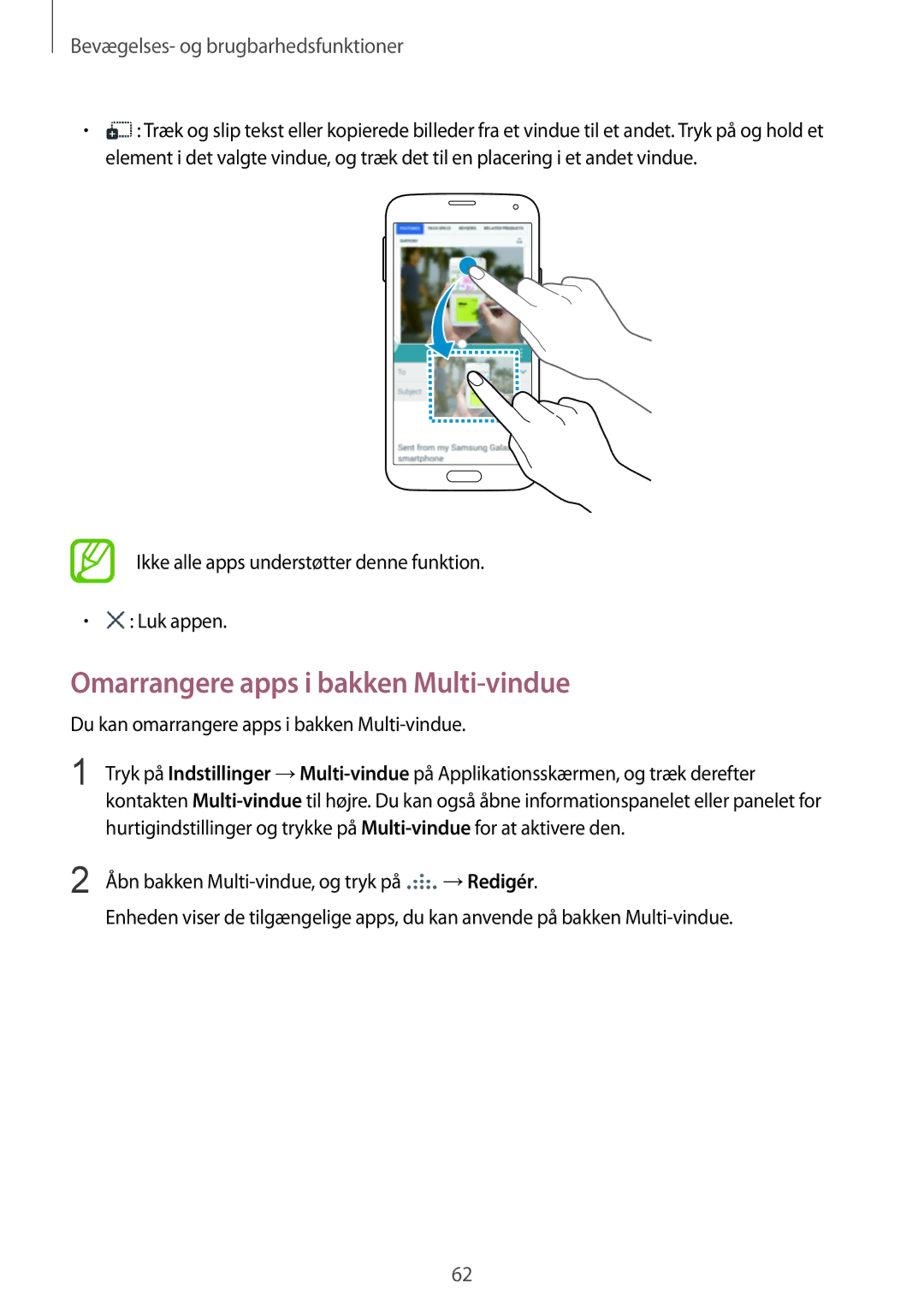 Samsung SM-G900FZBATEN manual Omarrangere apps i bakken Multi-vindue, Ikke alle apps understøtter denne funktion Luk appen 