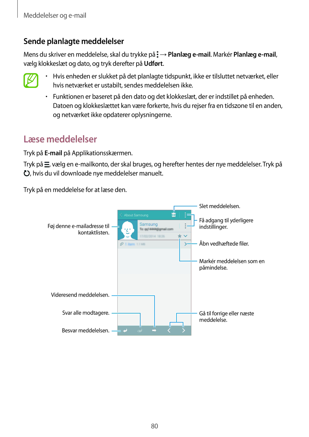 Samsung SM-G900FZBAVDS, SM-G900FZKAVDS, SM-G900FZDANEE, SM-G900FZWANEE manual Læse meddelelser, Sende planlagte meddelelser 