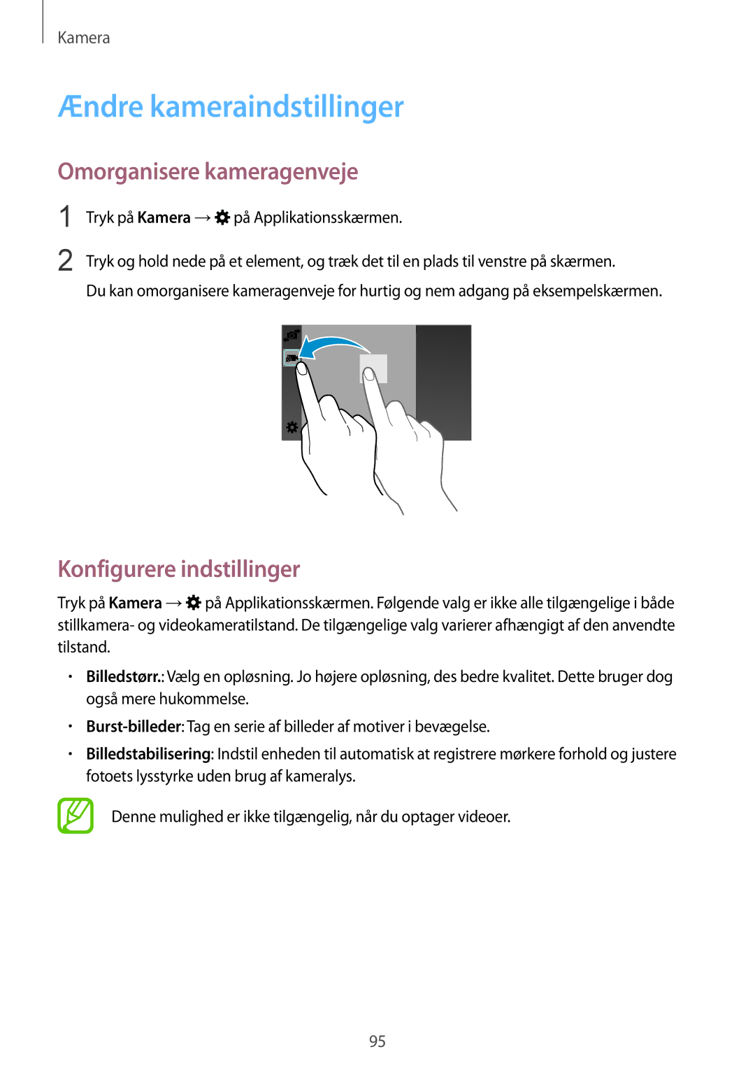 Samsung SM-G900FZWENEE, SM-G900FZKAVDS Ændre kameraindstillinger, Omorganisere kameragenveje, Konfigurere indstillinger 