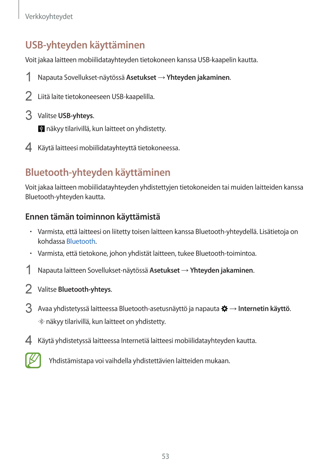 Samsung SM-G900FZWANEE, SM-G900FZKAVDS manual USB-yhteyden käyttäminen, Bluetooth-yhteyden käyttäminen, Valitse USB-yhteys 