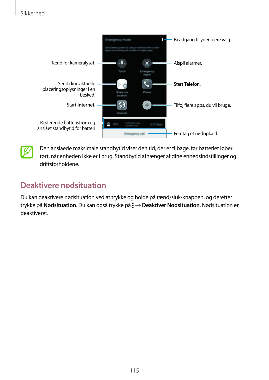 Samsung SM-G900FZBATEN, SM-G900FZKAVDS, SM-G900FZDANEE, SM-G900FZWANEE, SM-G901FZBANEE Deaktivere nødsituation, Sikkerhed 