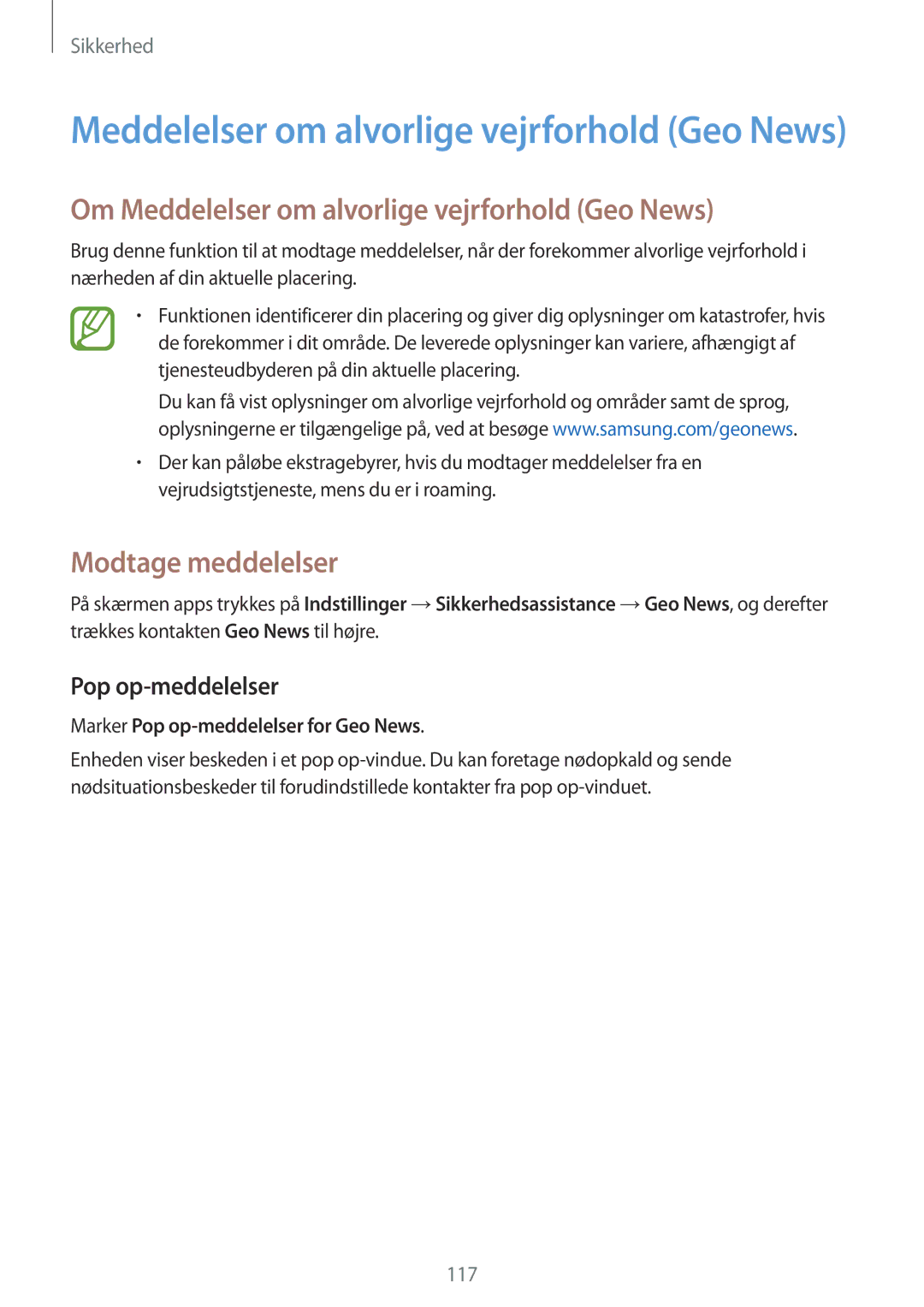 Samsung SM-G901FZDANEE manual Om Meddelelser om alvorlige vejrforhold Geo News, Modtage meddelelser, Pop op-meddelelser 