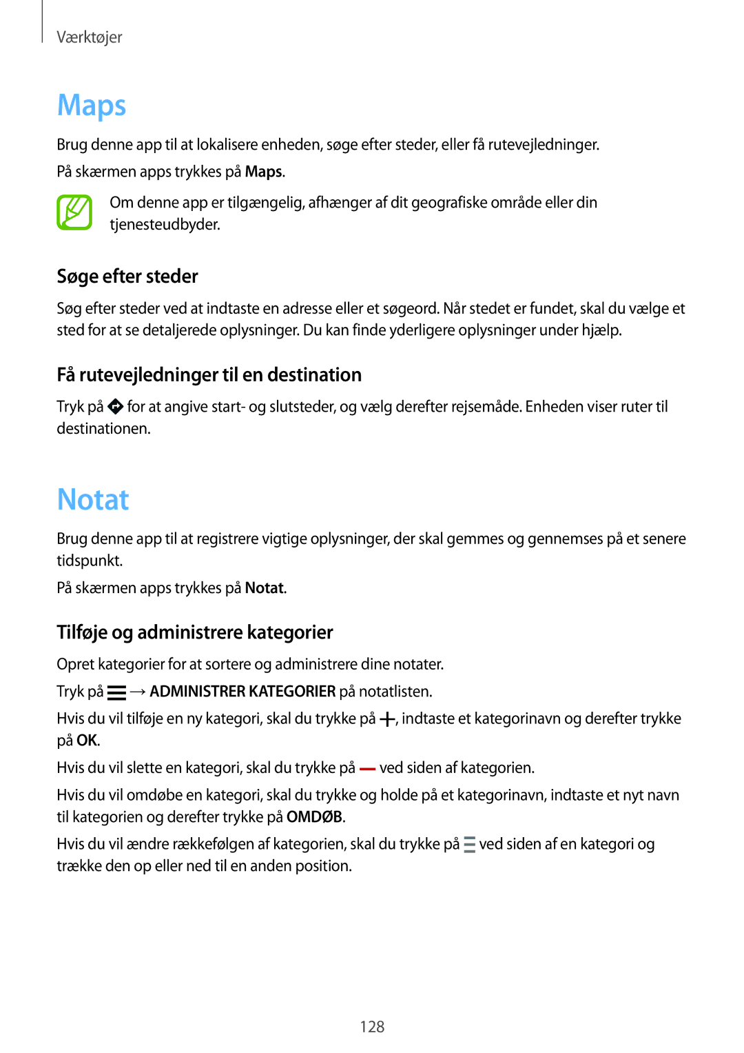 Samsung SM-G901FZBANEE, SM-G900FZKAVDS manual Maps, Notat, Søge efter steder, Få rutevejledninger til en destination 