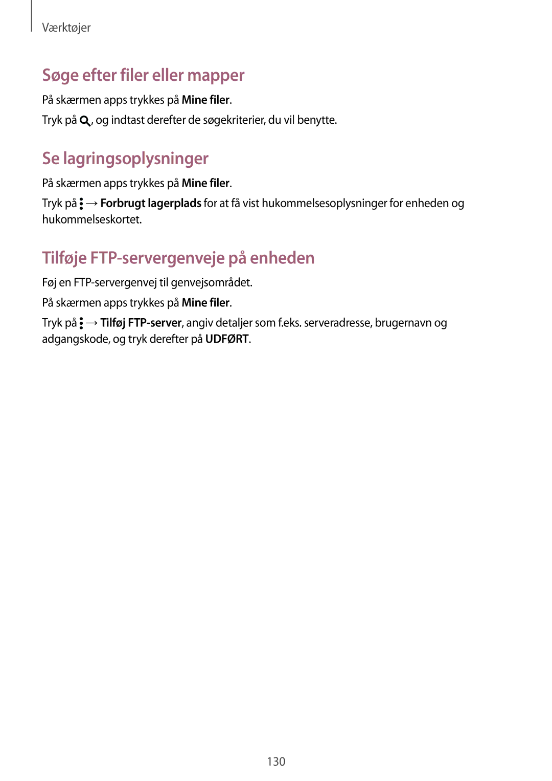 Samsung SM-G900FZDAHTS manual Søge efter filer eller mapper, Se lagringsoplysninger, Tilføje FTP-servergenveje på enheden 