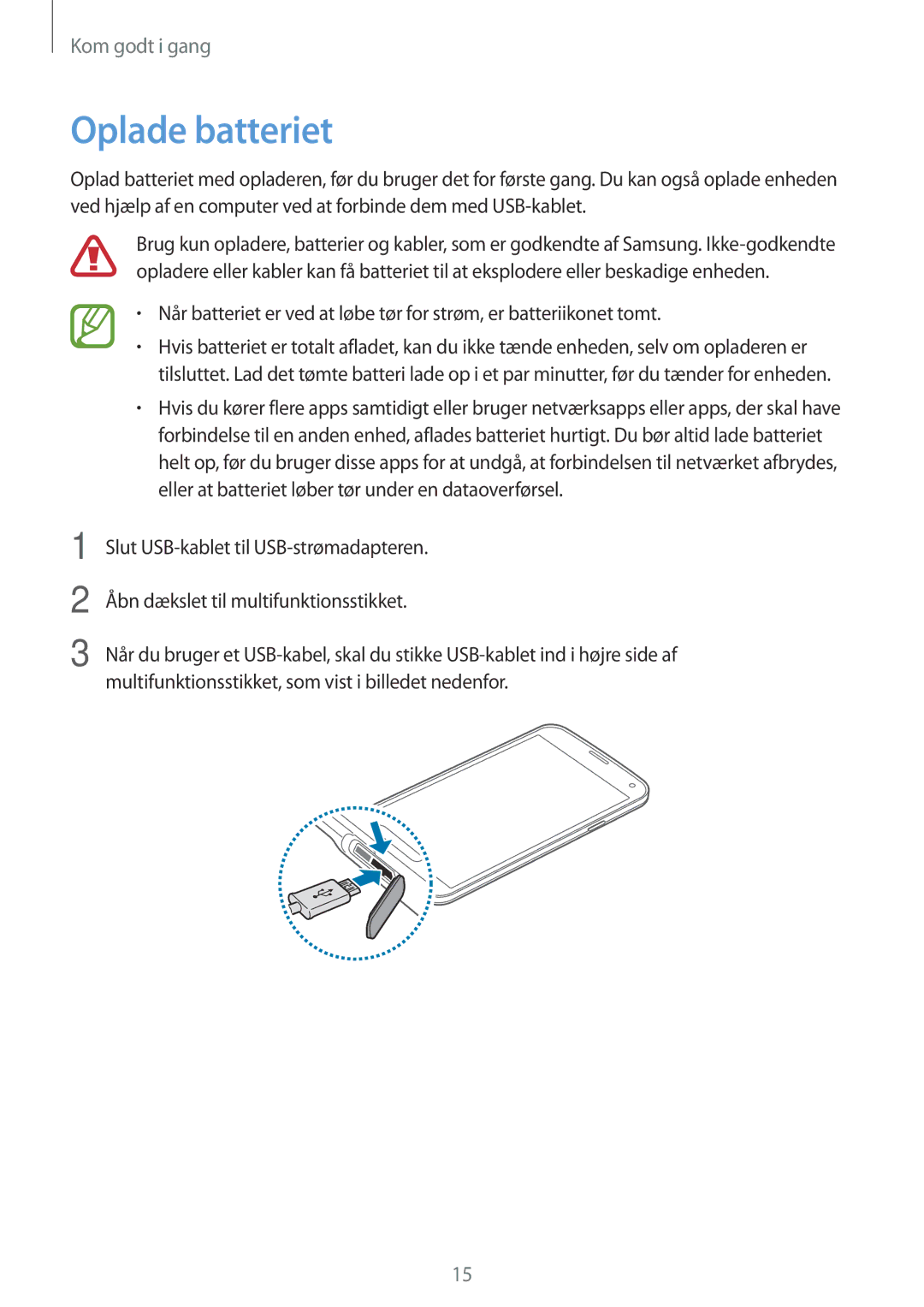 Samsung SM-G900FZBATEN, SM-G900FZKAVDS, SM-G900FZDANEE, SM-G900FZWANEE, SM-G901FZBANEE, SM-G901FZWANEE manual Oplade batteriet 