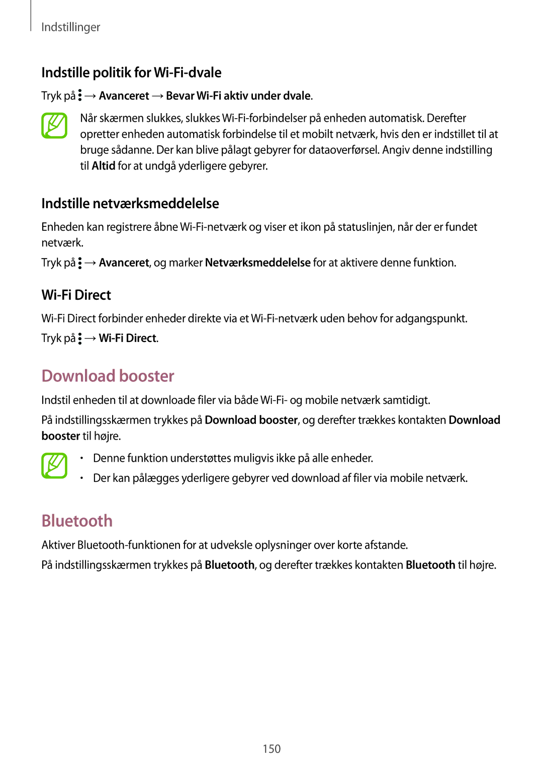 Samsung SM-G900FZKAVDS manual Download booster, Bluetooth, Indstille politik for Wi-Fi-dvale, Indstille netværksmeddelelse 