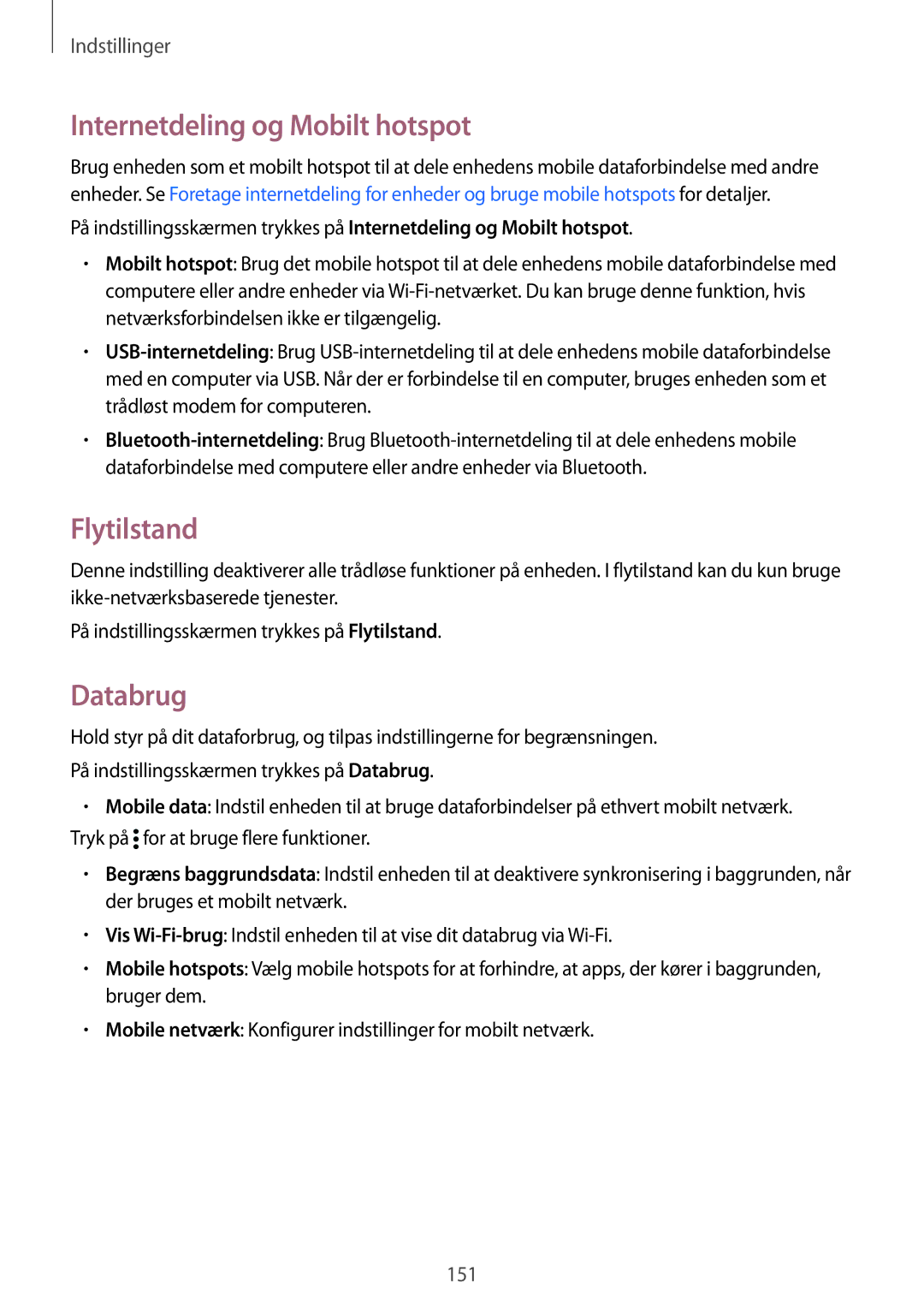 Samsung SM-G900FZDANEE, SM-G900FZKAVDS, SM-G900FZWANEE manual Internetdeling og Mobilt hotspot, Flytilstand, Databrug 