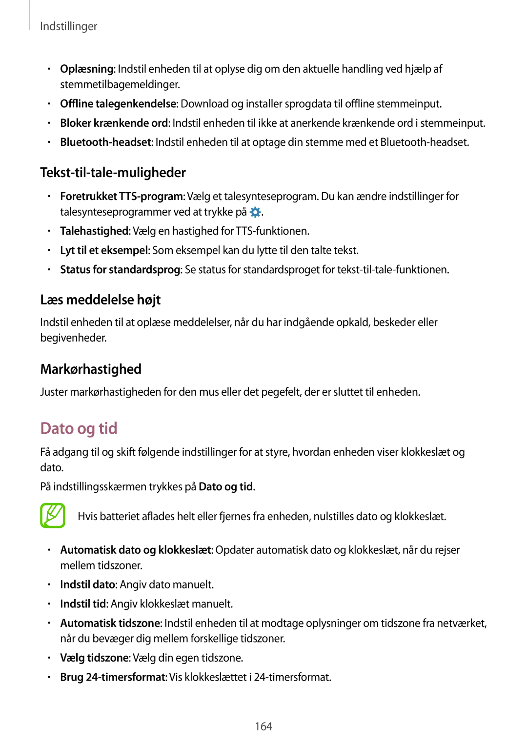 Samsung SM-G901FZDATEN, SM-G900FZKAVDS manual Dato og tid, Tekst-til-tale-muligheder, Læs meddelelse højt, Markørhastighed 