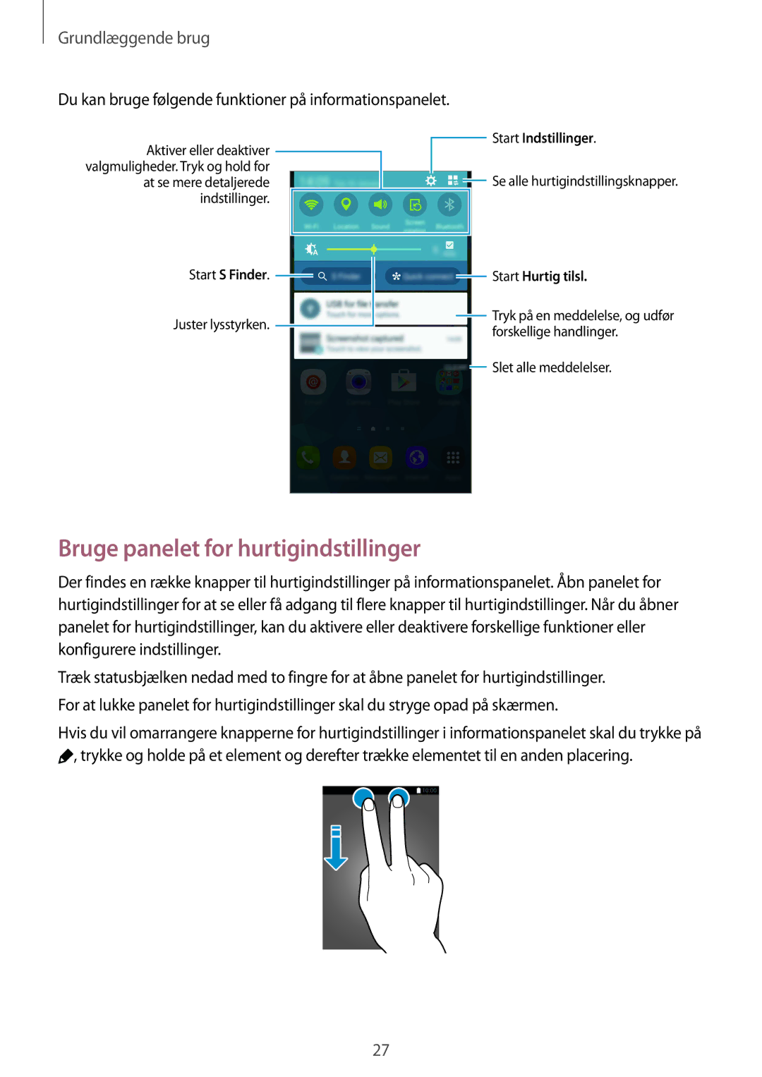 Samsung SM-G900FZWANEE Bruge panelet for hurtigindstillinger, Du kan bruge følgende funktioner på informationspanelet 