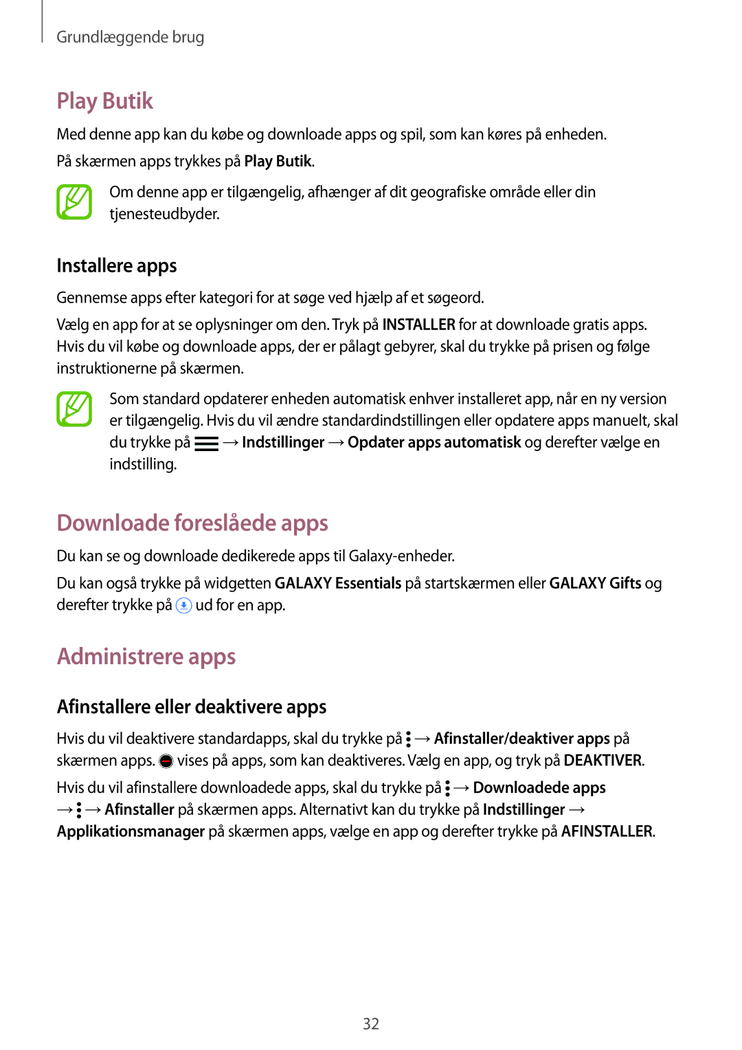 Samsung SM-G900FZNANEE manual Play Butik, Downloade foreslåede apps, Administrere apps, Afinstallere eller deaktivere apps 