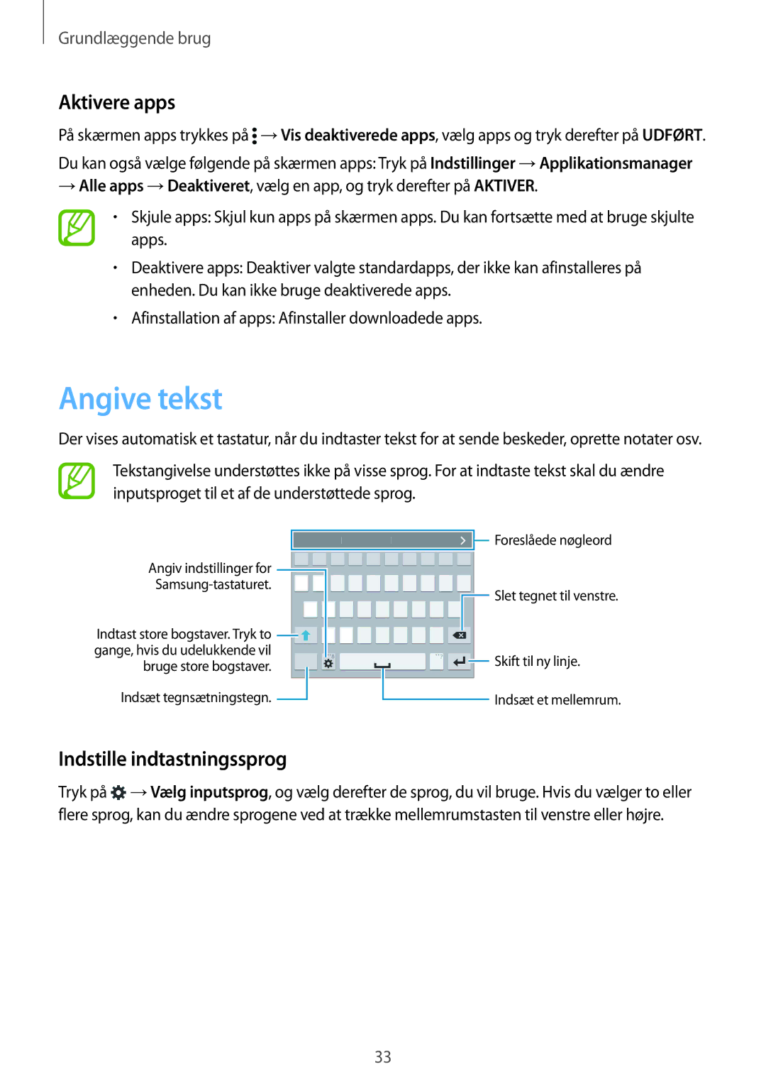 Samsung SM-G900FZNENEE, SM-G900FZKAVDS, SM-G900FZDANEE manual Angive tekst, Aktivere apps, Indstille indtastningssprog 