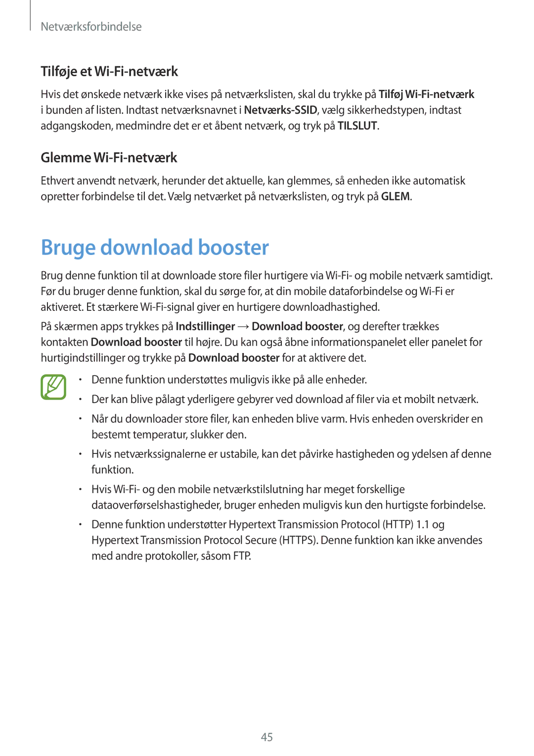 Samsung SM-G901FZBATEN, SM-G900FZKAVDS manual Bruge download booster, Tilføje et Wi-Fi-netværk, Glemme Wi-Fi-netværk 