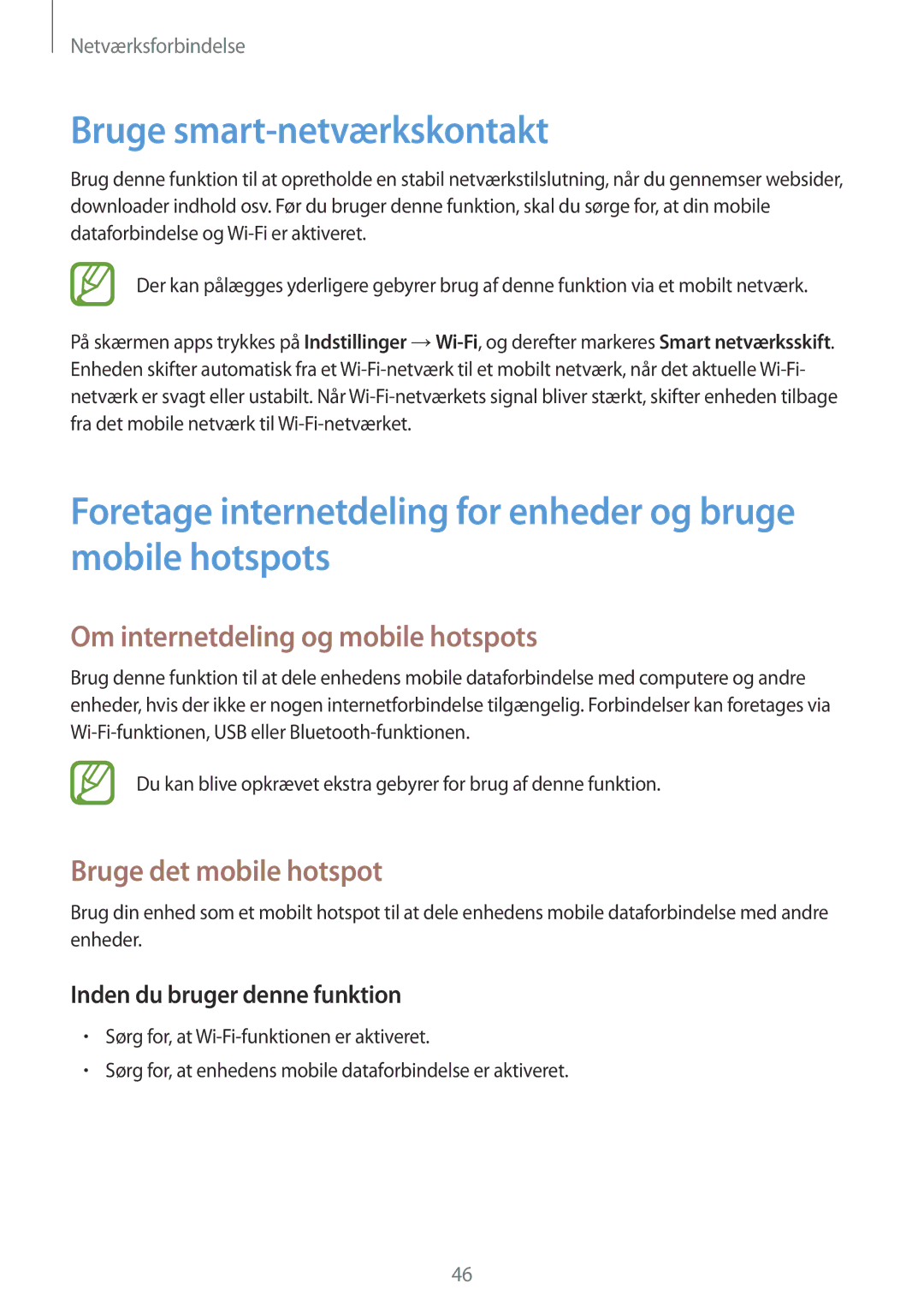 Samsung SM-G900FZDATEN manual Bruge smart-netværkskontakt, Om internetdeling og mobile hotspots, Bruge det mobile hotspot 