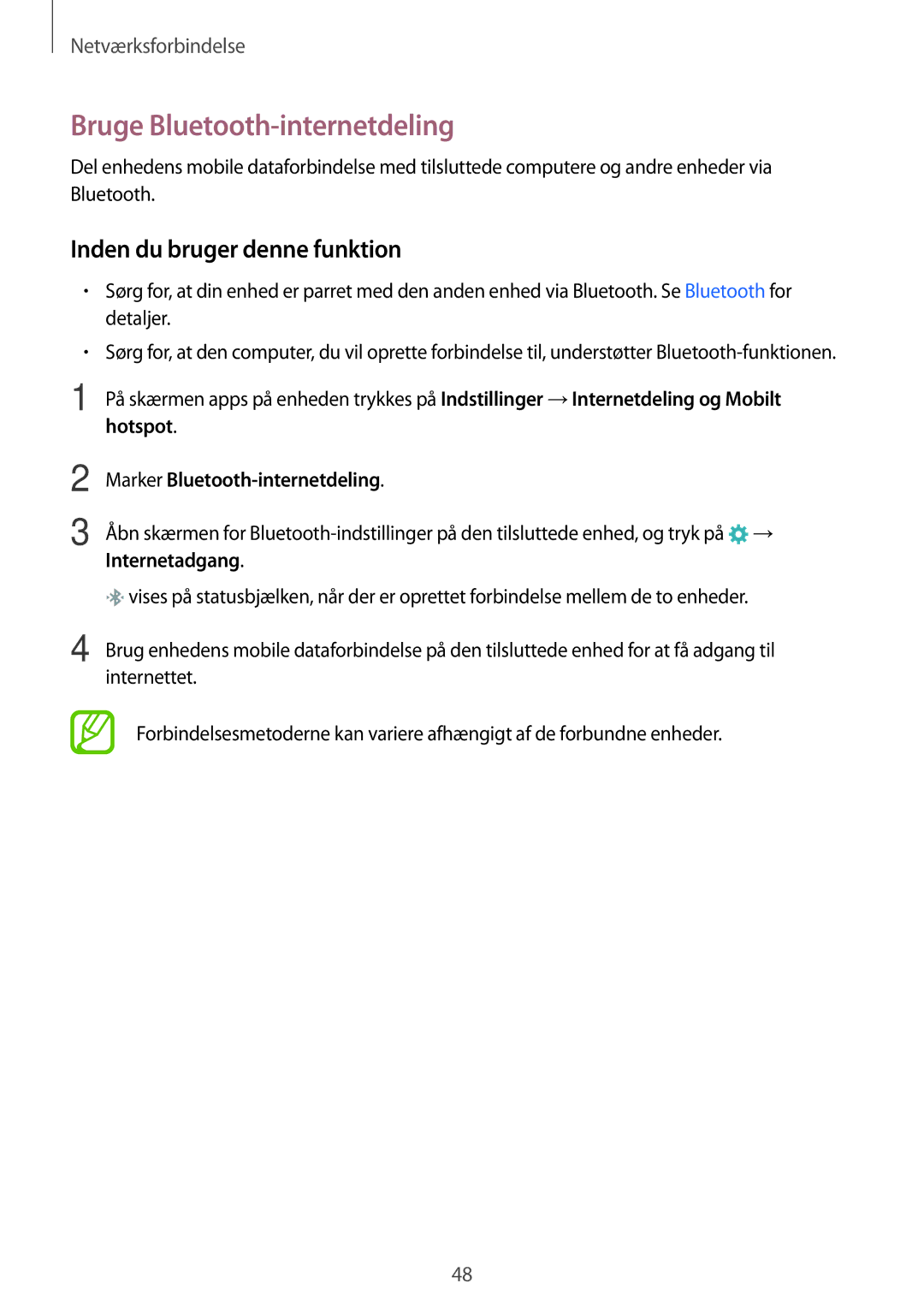 Samsung SM-G901FZKANEE, SM-G900FZKAVDS, SM-G900FZDANEE manual Bruge Bluetooth-internetdeling, Marker Bluetooth-internetdeling 