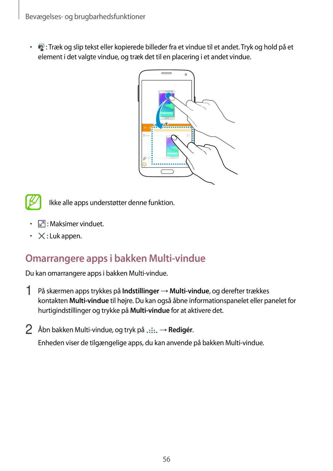 Samsung SM-G900FZKANEE manual Omarrangere apps i bakken Multi-vindue, Du kan omarrangere apps i bakken Multi-vindue 