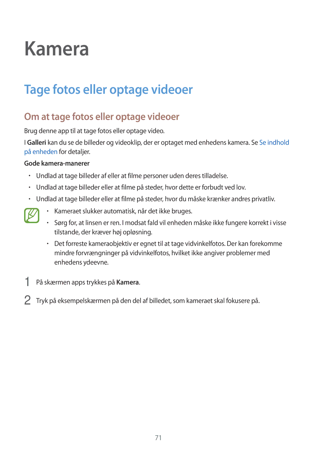 Samsung SM-G900FZDATEN Kamera, Tage fotos eller optage videoer, Om at tage fotos eller optage videoer, Gode kamera-manerer 