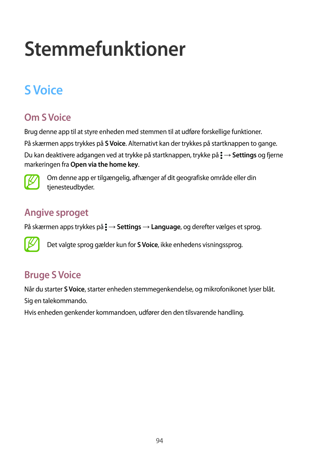 Samsung SM-G900FZKAHTS, SM-G900FZKAVDS, SM-G900FZDANEE manual Stemmefunktioner, Om S Voice, Angive sproget, Bruge S Voice 
