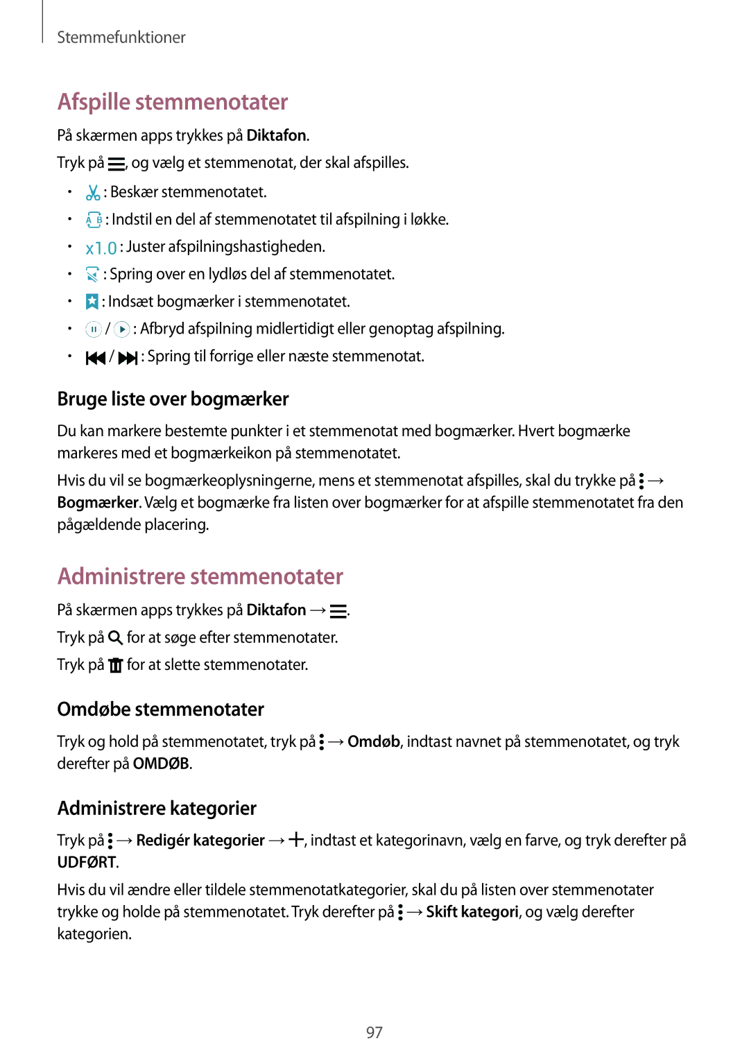 Samsung SM-G900FZKATEN, SM-G900FZKAVDS manual Afspille stemmenotater, Administrere stemmenotater, Bruge liste over bogmærker 