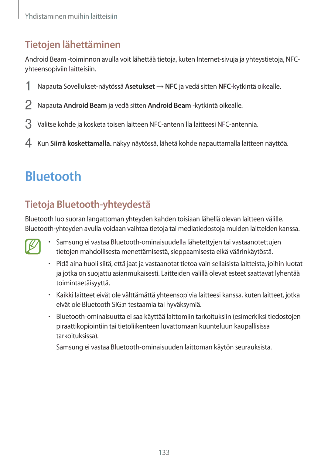 Samsung SM-G900FZNENEE, SM-G900FZKAVDS, SM-G900FZDANEE manual Tietojen lähettäminen, Tietoja Bluetooth-yhteydestä 