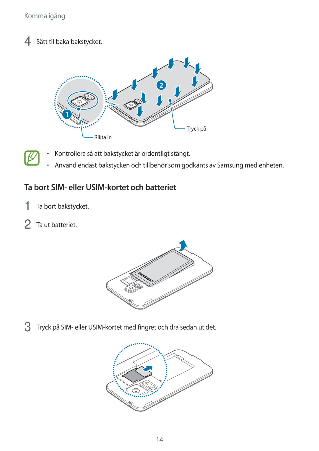 Samsung SM-G901FZDATEN, SM-G900FZKAVDS manual Ta bort SIM- eller USIM-kortet och batteriet, Sätt tillbaka bakstycket 