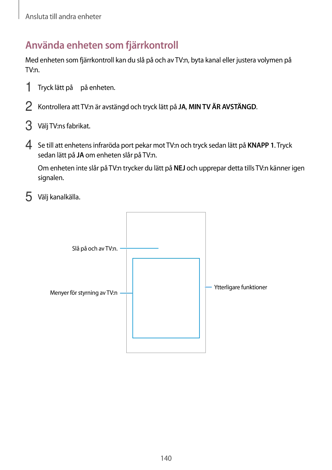 Samsung SM-G900FZBATEN, SM-G900FZKAVDS, SM-G900FZDANEE, SM-G900FZWANEE, SM-G901FZBANEE manual Använda enheten som fjärrkontroll 