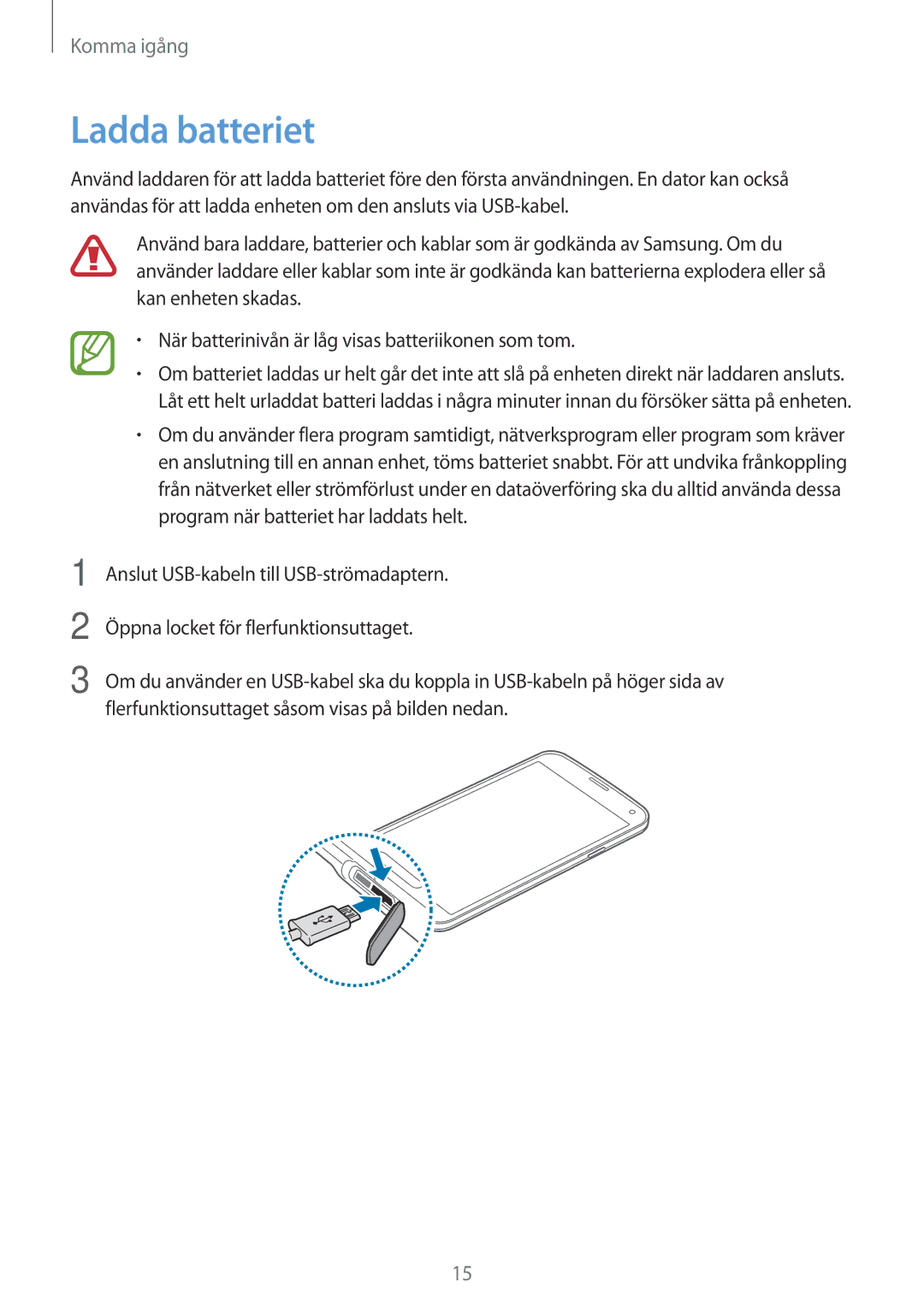 Samsung SM-G900FZBATEN, SM-G900FZKAVDS, SM-G900FZDANEE, SM-G900FZWANEE, SM-G901FZBANEE, SM-G901FZWANEE manual Ladda batteriet 