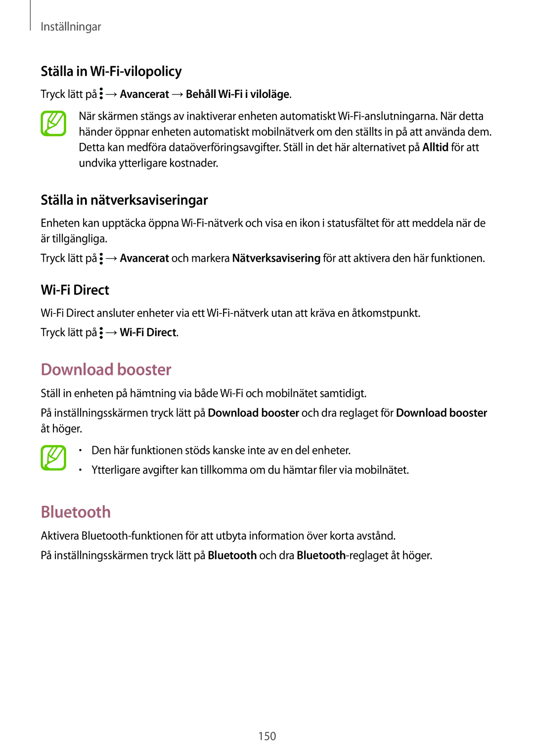 Samsung SM-G900FZKAVDS manual Download booster, Bluetooth, Ställa in Wi-Fi-vilopolicy, Ställa in nätverksaviseringar 